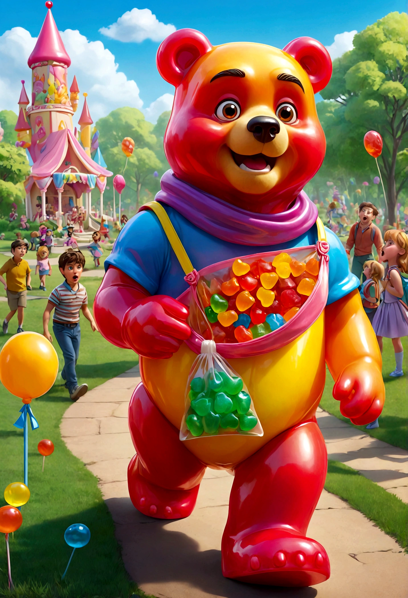 in candy land, a Gummi Bear walking through the park is eating a bag of humans (people the size of gummy candies), his tummy hurts and he makes a disgusted face