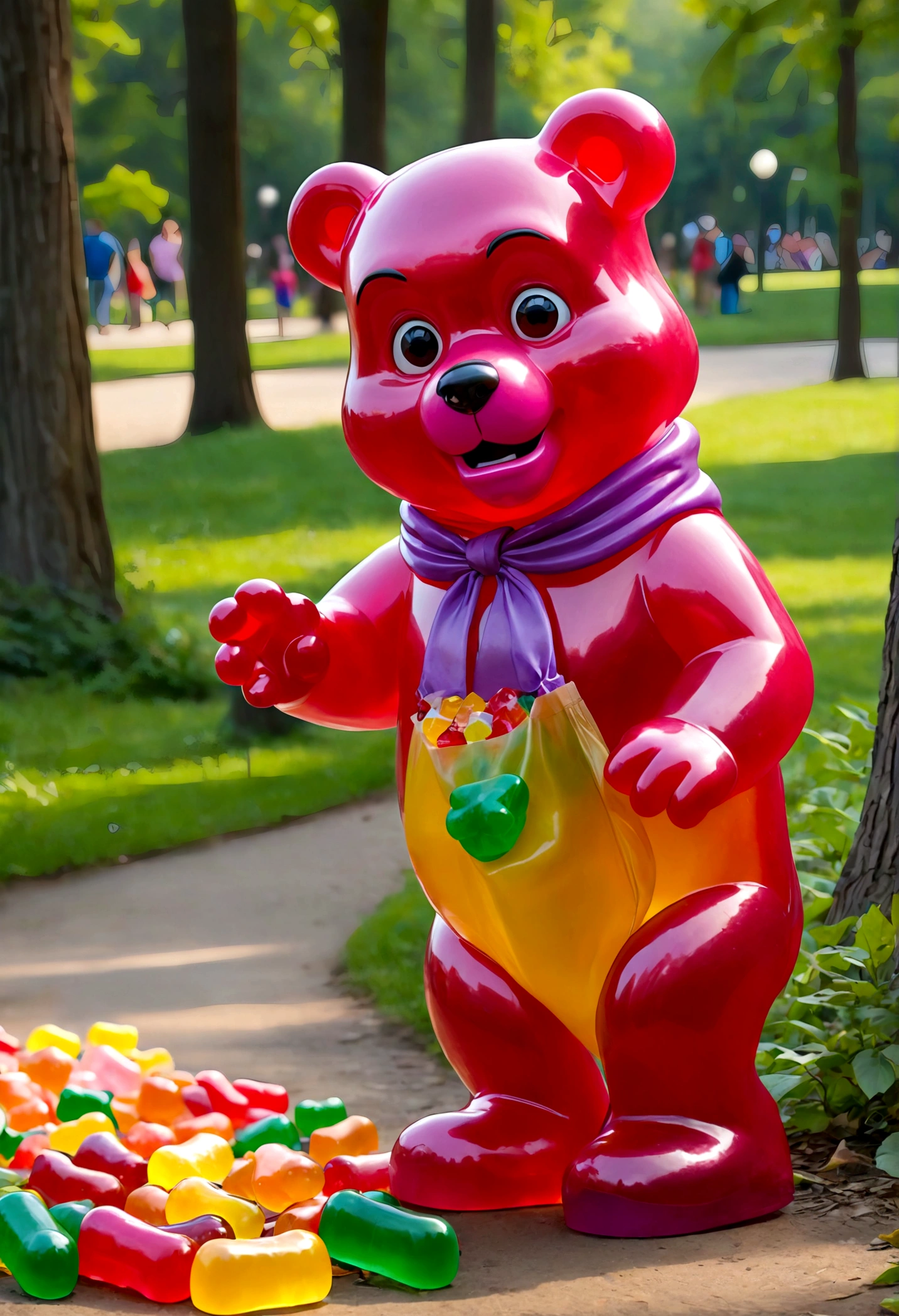 in candy land, a Gummi Bear walking through the park is eating a bag of humans (people the size of gummy candies), his tummy hurts and he makes a disgusted face