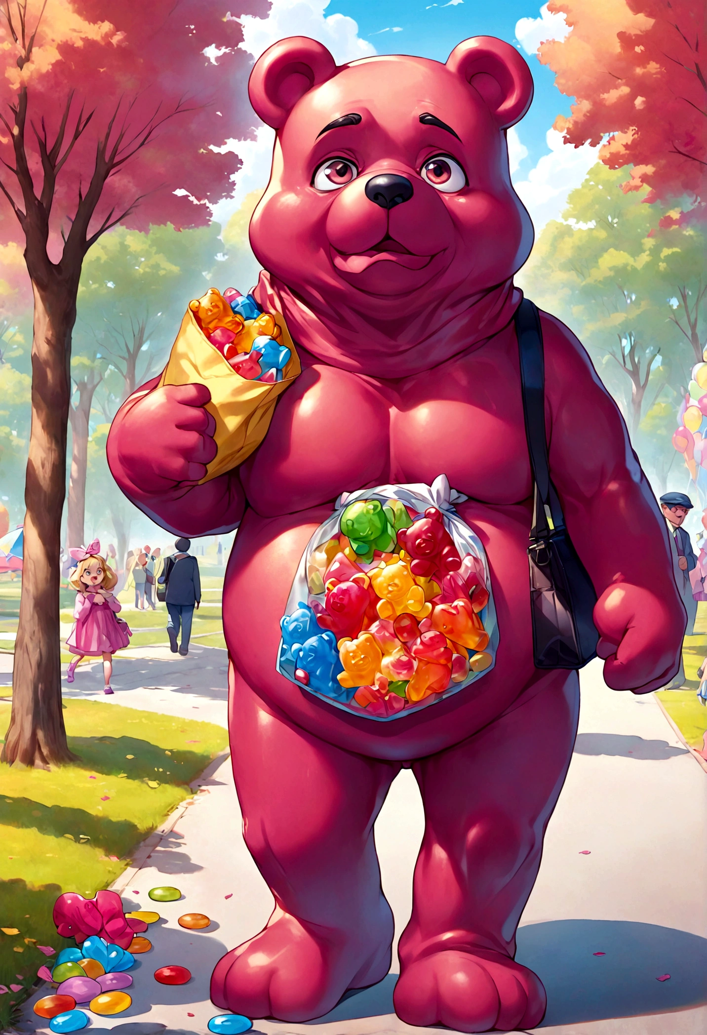 in candy land, a Gummi Bear walking through the park is eating a bag of humans (people the size of gummy candies), his tummy hurts and he makes a disgusted face
