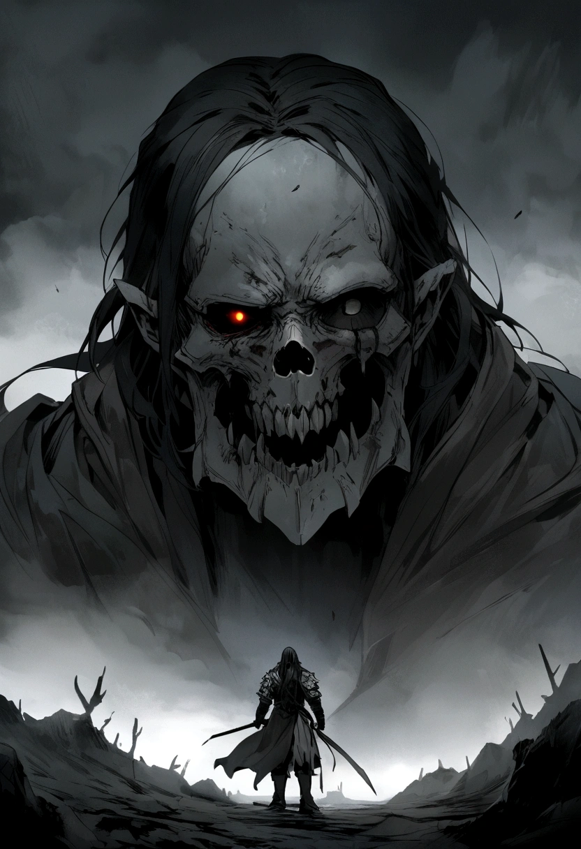 An undead paladin with a split jaw and empty eye sockets, gloomy atmosphere, rot