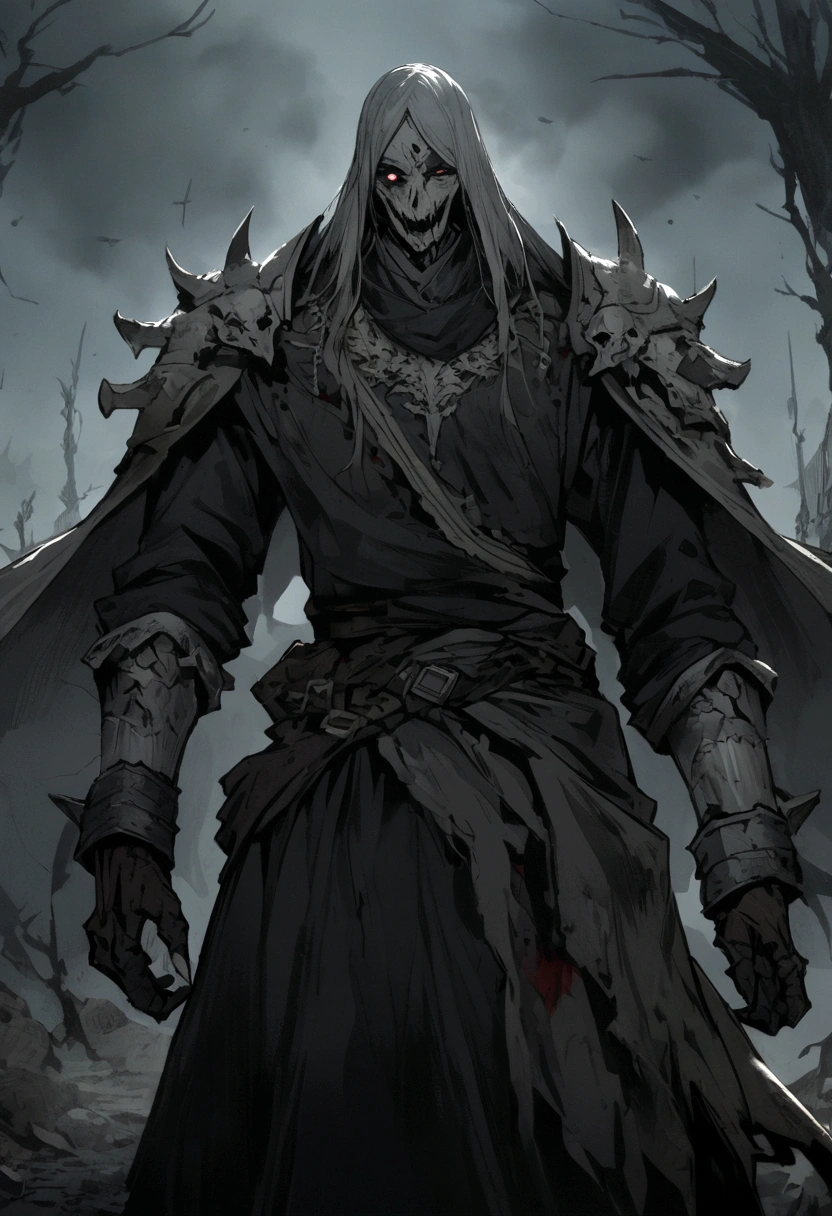 An undead paladin with a split jaw and empty eye sockets, gloomy atmosphere, rot