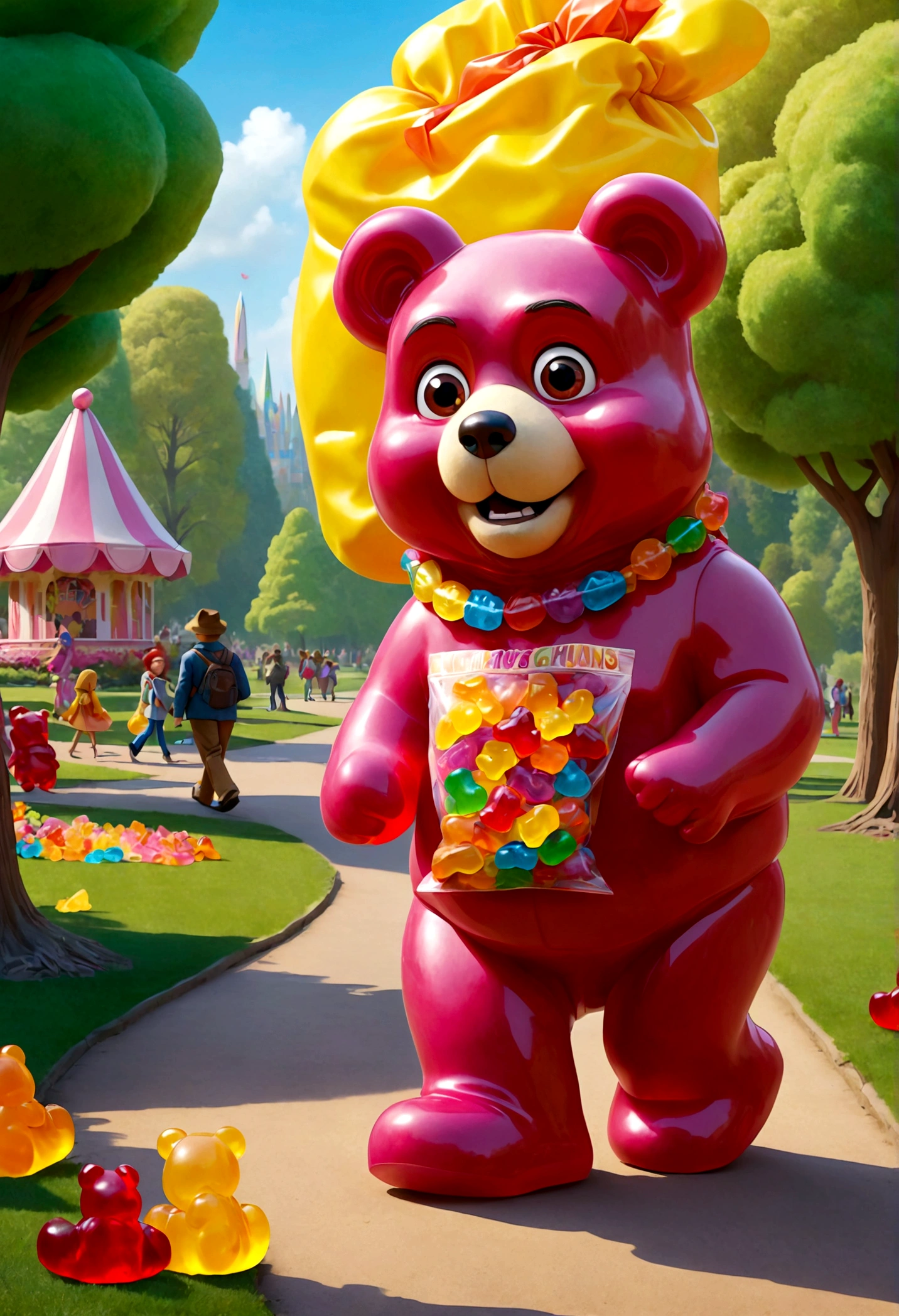 in candy land, a Gummi Bear walking through the park is eating a bag of humans (people the size of gummy candies), his tummy hurts and he makes a disgusted face