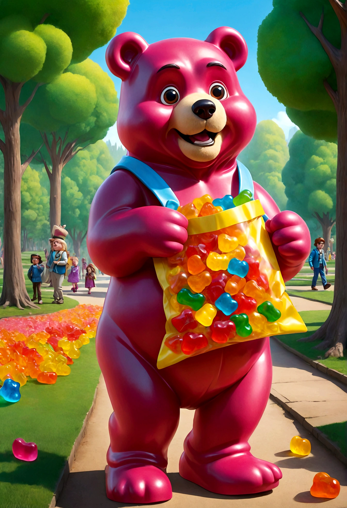 in candy land, a Gummi Bear walking through the park is eating a bag of humans (people the size of gummy candies), his tummy hurts and he makes a disgusted face