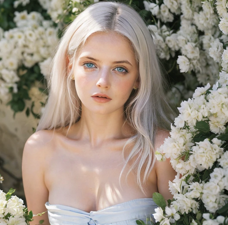 Beautiful girl, blue eyes, white hair, detailed facial traits, white greek female dress, flower wreath, naked breasts, greek architectural buildings