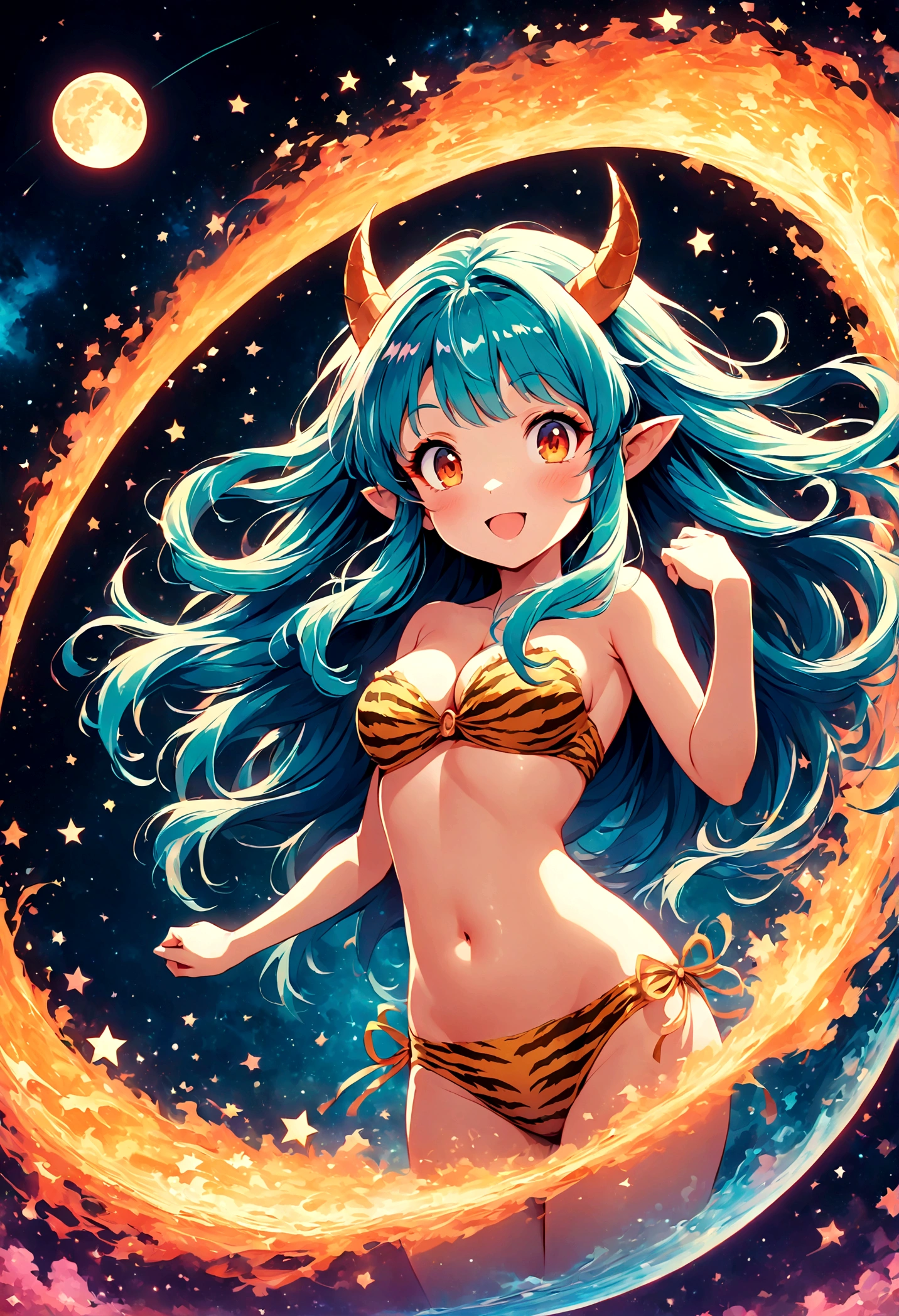 takahashi rumiko style,(1 girl,Lum,long hair,bangs,blue hair,orange eyes,horns,pointy ears,aqua hair,oni horns,(eyeshadow),navel, cleavage, swimsuit, bikini, strapless, animal print, yellow bikini, tiger print, strapless bikini,,the character Lum from "Urusei Yatsura",girly,bright smile,fine,Lum is floating in the air,(Jump:1.3),Bright and cheerful atmosphere,BREAK,(Creates a POP illustration style background,Background elements such as space or a starry sky,Outer space with the moon and stars floating in it,rich colors,colorful,(shooting star),draw with thick lines,Sparkling,unbelievably absurd,zentangle elements,vector art),beautiful light and shadow,BREAK,(masterpiece:1.3),(highest quality:1.4),(ultra detailed:1.5),High resolution,extremely detailed,unity 8k wallpaper,(complicated details),absurdity,(Glitter),anatomically correct,cute