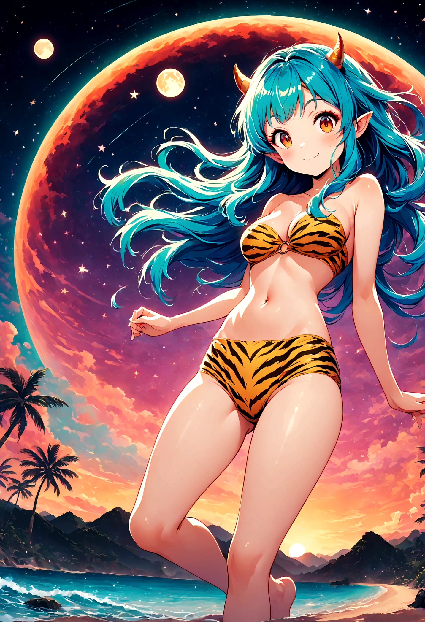 takahashi rumiko style,(1 girl,Lum,long hair,bangs,blue hair,orange eyes,horns,pointy ears,aqua hair,oni horns,(eyeshadow),navel, cleavage, swimsuit, bikini, strapless, animal print, yellow bikini, tiger print, strapless bikini,,the character Lum from "Urusei Yatsura",girly,bright smile,fine,Lum is floating in the air,(Jump:1.3),Bright and cheerful atmosphere,BREAK,(Creates a POP illustration style background,Background elements such as space or a starry sky,Outer space with the moon and stars floating in it,rich colors,colorful,(shooting star),draw with thick lines,Sparkling,unbelievably absurd,zentangle elements,vector art),beautiful light and shadow,BREAK,(masterpiece:1.3),(highest quality:1.4),(ultra detailed:1.5),High resolution,extremely detailed,unity 8k wallpaper,(complicated details),absurdity,(Glitter),anatomically correct,cute