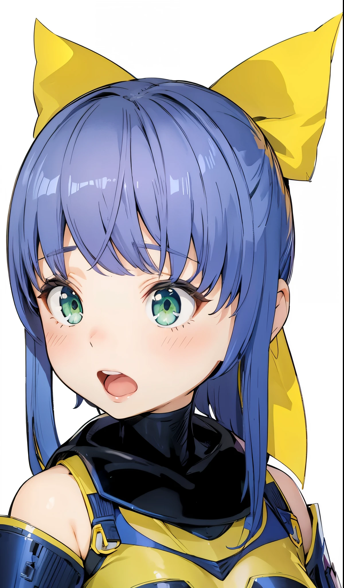 beautiful girl,Surprise,Surprised,Open your mouth,Blue Hair,Yellow ribbon,Green Eyes,Bodysuits,4k,8k,highest quality