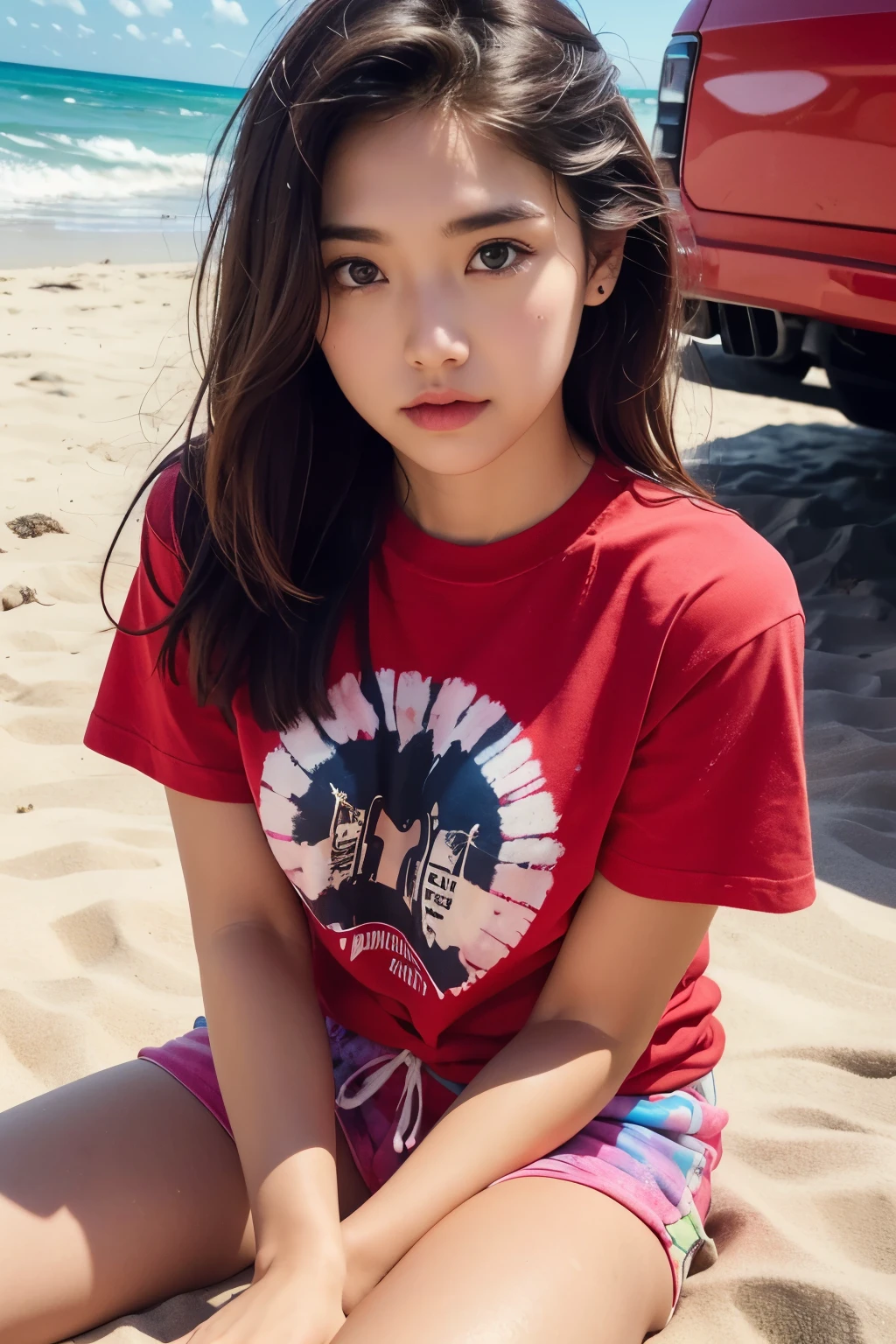 Close up of person sitting on ground near red truck, Graphic T-shirt, wearing shorts and t shirt, graphic printing, 70 seconds of mood, cute lady, tan skin, T-shirt and shorts, hippie fashion, Inspiration, 😭 🤮 💕 🎀, medium portrait, wearing a tie dye t-shirt, Posing on a beach with the sea