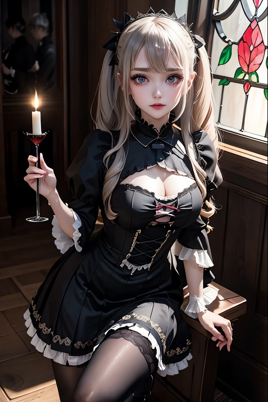 Hard Dark Gothic Makeup、Black dark eyeshadow、sad、Good skin radiance、Dark Gothicメイク、Dark smile、palace、The beauty of fragrance、24-years-old、Expression of intense sexual pleasure、Embarrassed look、Dark Gothic、highest quality、Expression of sexual pleasure amid suffering、Drunk face、紫のMaid clothes、Mysterious、Noble、The face of someone holding it in the toilet、sexy、Loving smile、Twin tail hair、Right blue eye, Left eye is red、Super tempting pose、Platform Heel Shoes、Heavy makeup、Gothic ta clothes、Silver Hair、Long Hair Straight Hair、Cute Gothic Loliress、Beautiful Face、elegant features、Attractive face、Stained glass is the background、Chest glistening with sweat、The room is dark、goth long dress、Bell Sleeves、Wizard Sleeve、Decadent look、Sexually excited expression、Glossy thighs wet with water、Thighs that are wet and shiny with oil、Background of a room full of roses、sad expression、Rose Maiden、The embroidery is pink、The dress has pink embroidery.、Thigh-high socks、Knee-high socks、Gentle expression、Dark black eyeshadow、Stained glass and rose background、thighs are a little thin、Female Duo、Female couple、dark church background、Stained glass、Black metal world、Dark Castle、Dark Room、Slender body、gothic long dress、Victorian dress、Her thighs are shining with sweat、My body is wet and shiny、Lots of glitter on the thighs、sweating、My thighs are sticky from sweating、Sweat glistening on my thighs, The whole body is sweaty and shiny、I sweated a lot.、My thighs are sweaty、My thighs are wet、My thighs are shining with sweat、A lot of sweat glistening all over the body、Small breasts、upright、Are standing、Hold the wine in your right hand、Hold the lantern in your left hand、pantyhose、Dynamic Angle、