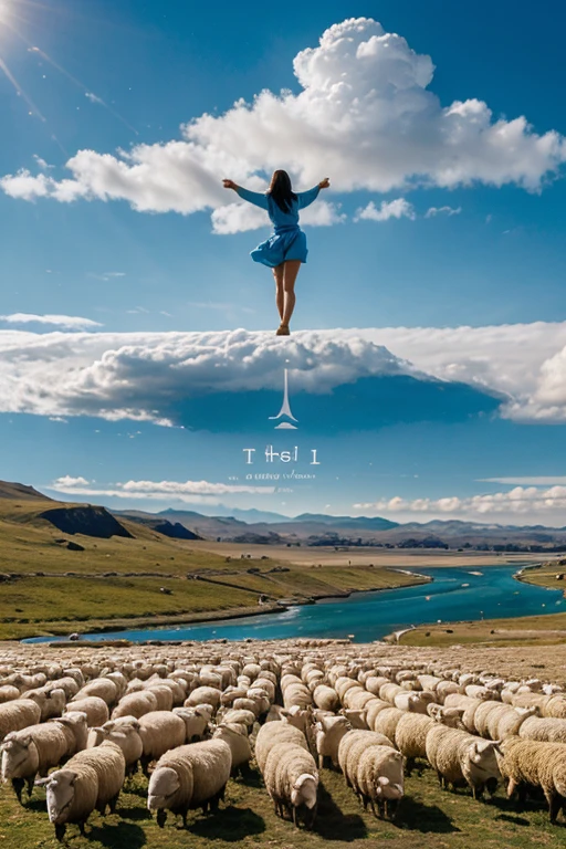 A river on top of a cloud with Jesus stretching his hand to a beautiful girl and many sheep and a blue sky