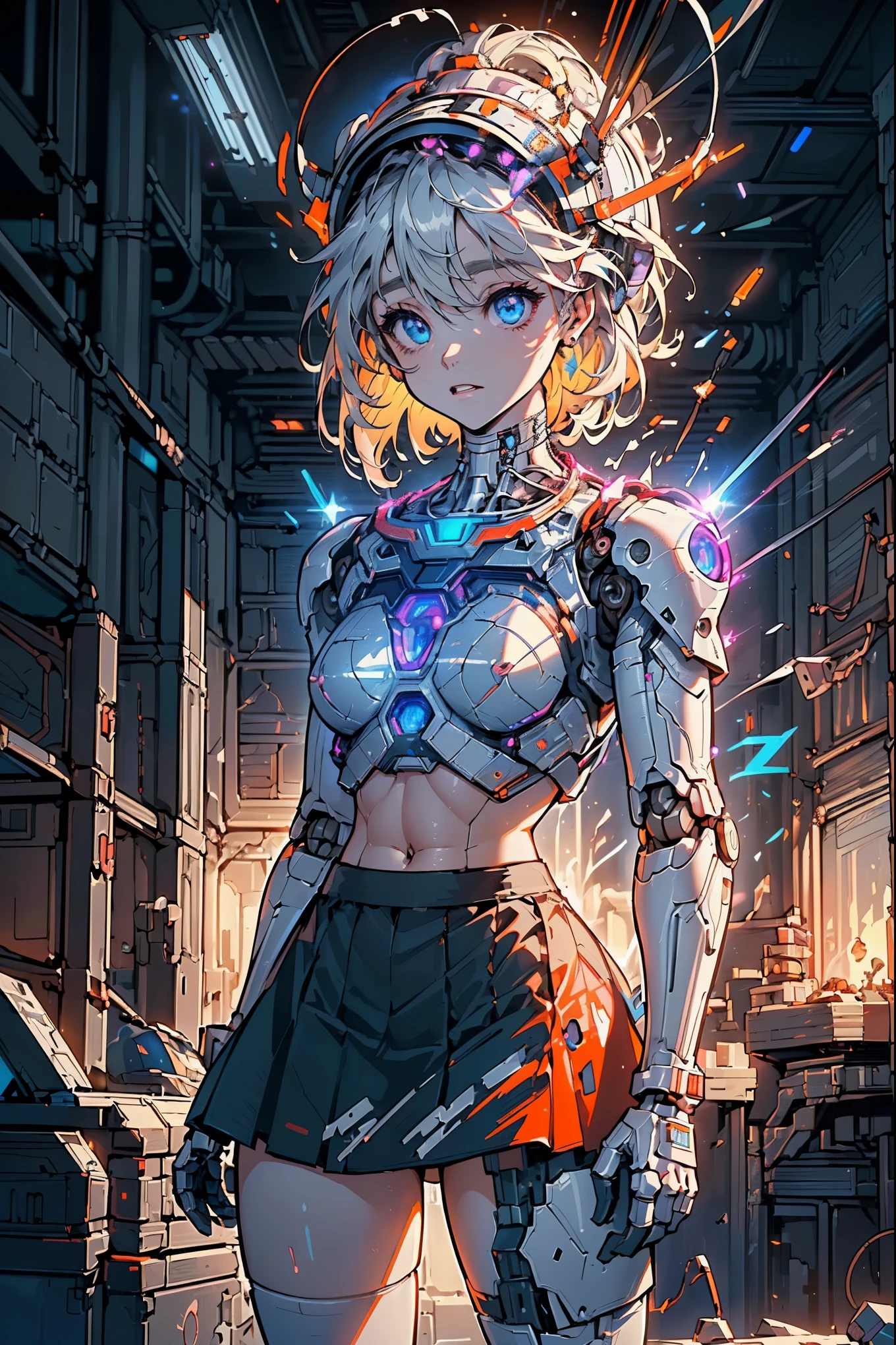 (La best quality,high resolution,Ultra Detailed,Practical),Sabrina Carpenter cyborg, ( Mini skirt robot orange :1.4), Top corto white,(Robot astronaut helmet :1.4) ,(Cyberpunk ruined dungeon ruins background :1.4 ), (Mechanical vertebrae attached to the back, Cervical spine mechanical fixation in the neck, Wires and cables connected to the head, Neon Genesis Evangelion, Small bright LED light:1.4) , More detailed 8K.Unreal Engine:1.4,Ultra HD,La best quality:1.4, Realistic:1.4, Texture:1.4, masterpiece:1.8,masterpiece, best quality,Object Object], (Facial features are detailed:1.3),(Correct proportions),(Beautiful blue eyes),  (Cowboy pose),( Sabrina Carpenter:1.4), (Sabrina Carpenter V2.1),( Perfect anatomical structure:1.4), (Robot mechanical transparent plastic white robot model:1.4), ,(Ruined dungeon ruins background big stone cave :1.4 ), (movie lighting :1.4), (Robot laboratory background :1.4), (AI :1.4),( Surface details :1.4), (There is an astronaut helmet :1.4), (Wearing an astronaut suit:1.4), (Wearing an astronaut suit V2.1) huge , Crazy breast swelling, Chest larger than shoulder blades, Big breasts and thin waist，(huge breasts:1.2)，Hydrated skin（（rogue））（（非常huge乳房）），（（Grooves reveal original skin））