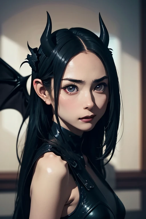 (masterpiece, highest quality)、Cute girl demon king、Pointed Ears、Horns growing from the head、Black Armor、Black devil wings、Not scary、