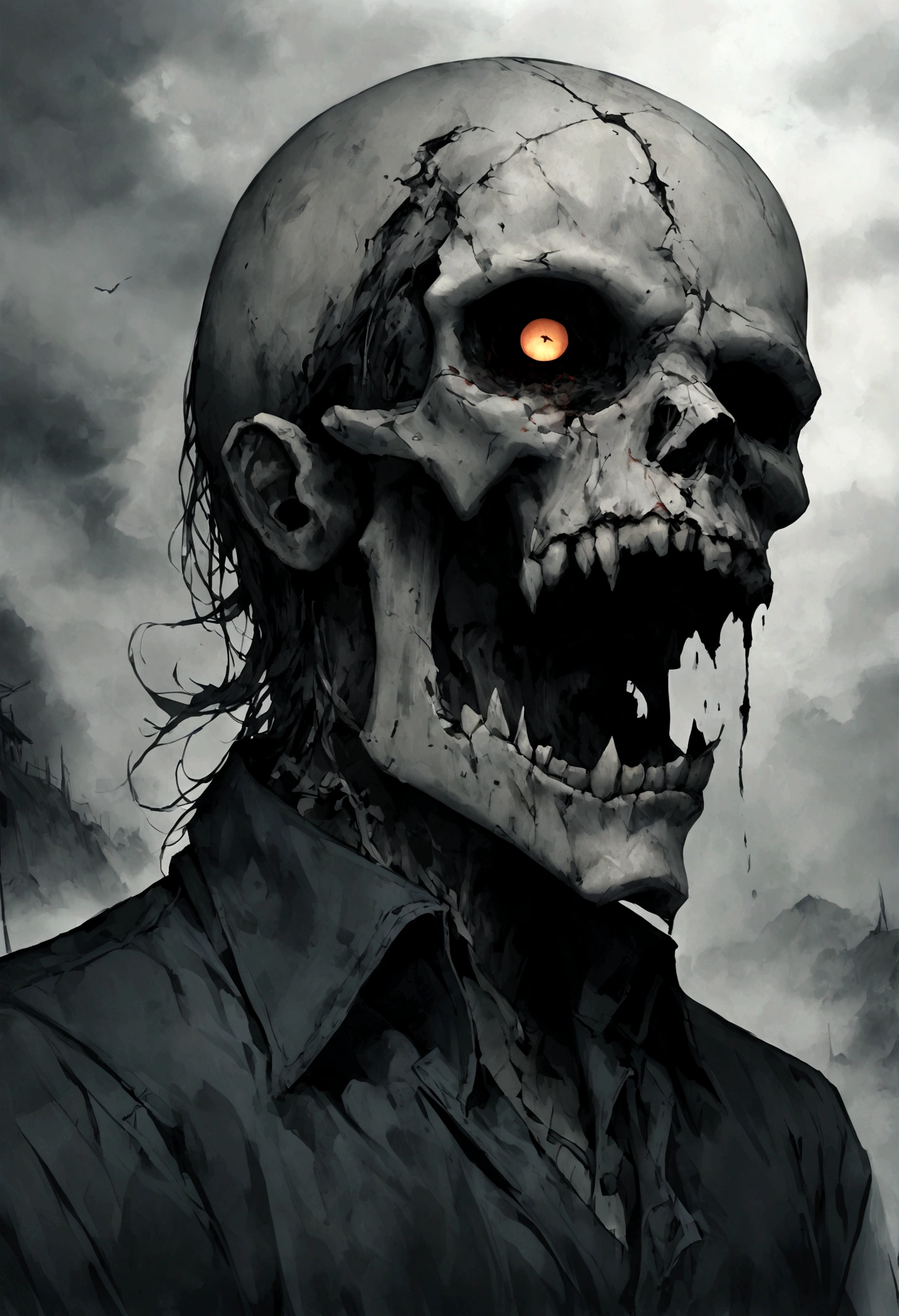 An undead Cowboy with a split jaw and empty eye sockets, gloomy atmosphere, rot