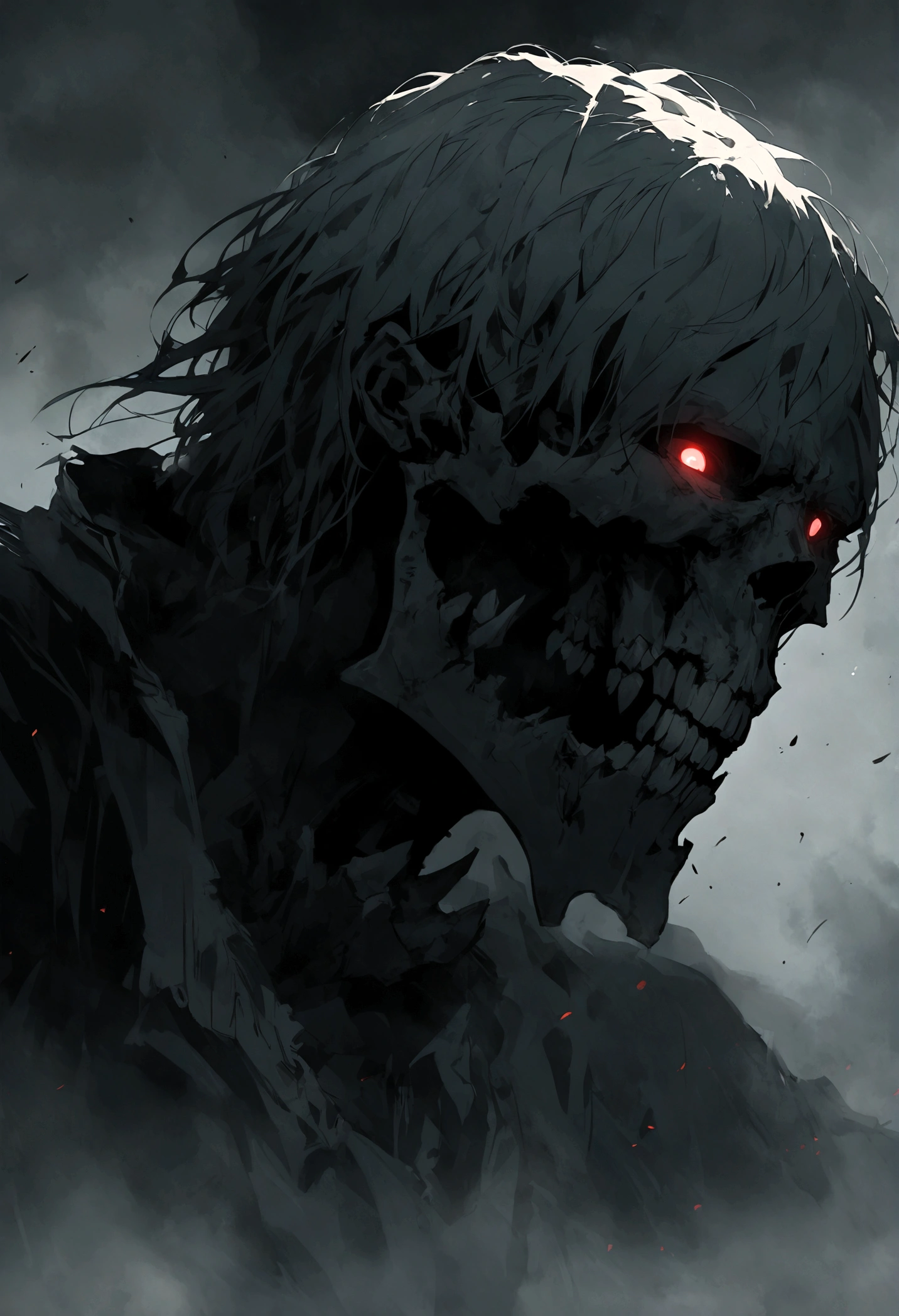 An undead Cowboy with a split jaw and empty eye sockets, gloomy atmosphere, rot