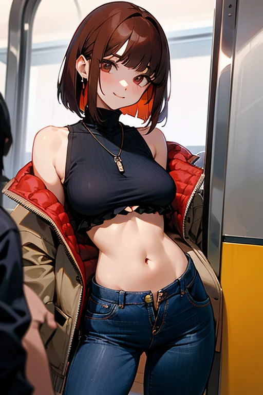 Reddish brown hair、Earrings、necklace、Sleeveless shirt、Shoulder Bare、Zip-up turtleneck、sexy、Cowboy Shot、In a crowded train、Disheveled clothing、Office casual fashion、The inner string is visible、Asymmetrical design、Tight pants、Off-the-shoulder oversize short jacket、Voluminous bob cut、Asymmetrical hairstyle、High leg pants、jeans、Dark navy jeans、Sideboob、White top、Belly button、Trouser buttons and zippers are undone and open、smile、The pants are unbuttoned、The trousers zipper is open、Underboob、Frills、Underboob、Hook one&#39;s fingers around one&#39;s collar、Hold the zipper with your hands、Pastel colored underwear、Stick your hand inside your pants、Crop top、Tube top bra、