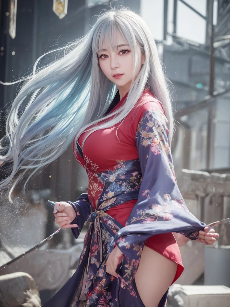 highest quality、8k Masterpiece、超A high resolution、(Photorealistic:1.3)、RAW Photos、1 girl、Silvery white hair、Glowing Skin、1. Super-beautiful Cyberpunk Soldiers、((Ultra-Realistic Details))、Portrait、Global Illumination、Shadow、Octane Rendering、8k、Super sharp、Metal、Cold colors、Very intricate details、Realistic Light、CGSoation Trend、Beautiful and shining eyes、Beautiful breasts、Beautiful ass、To the camera、Neon Details、smile、Super kind、whole body、Crimson Hanfu、Swaying in the Wind、50age