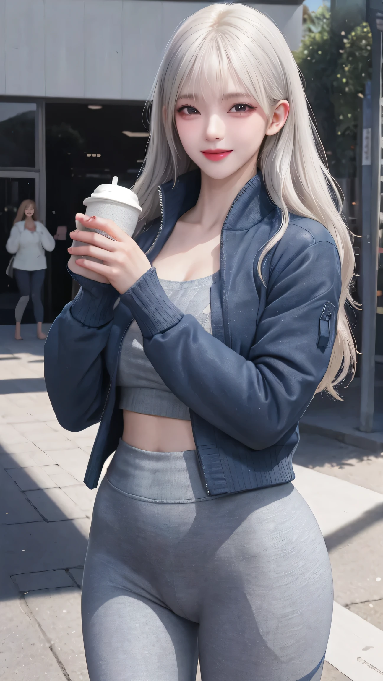 nude,(Browsing Caution),underwear,(masterpiece, highest quality:1.4), (Modern), (Cowboy Shooting), 1 girl, alone, Leave, SFW,
Great girlfriend, (Permanently installed:1.1), Dynamic pose, (White oversized sweater, Knitted sweater:1.4), (Tight yoga pants, dark grey yoga pants:1.4), (Navy blue bomber jacket, Denim jacket:1.4), Long golden hair, Swept-back bangs, Heart shaped face, Elegant face, Pretty face, Highly detailed face, Highly refined skin, Skin pores, Scattered beneath the surface, (Detailed blue eyes), Actual pupils, Big Breasts, Smile full of love, Looking at the audience, Blush all over face, Fuller lips, holding a coffee cup, center,
Coffee shop on background, City Street, sunny, Wind, Detailed Background, Depth of written boundary, Atmospheric perspective, Volumetric lighting, Sharp focus,
Ridiculous, Actual proportions, Excellent anatomy, (Actual, hyperActual:1.4), 16k High Dynamic Range,