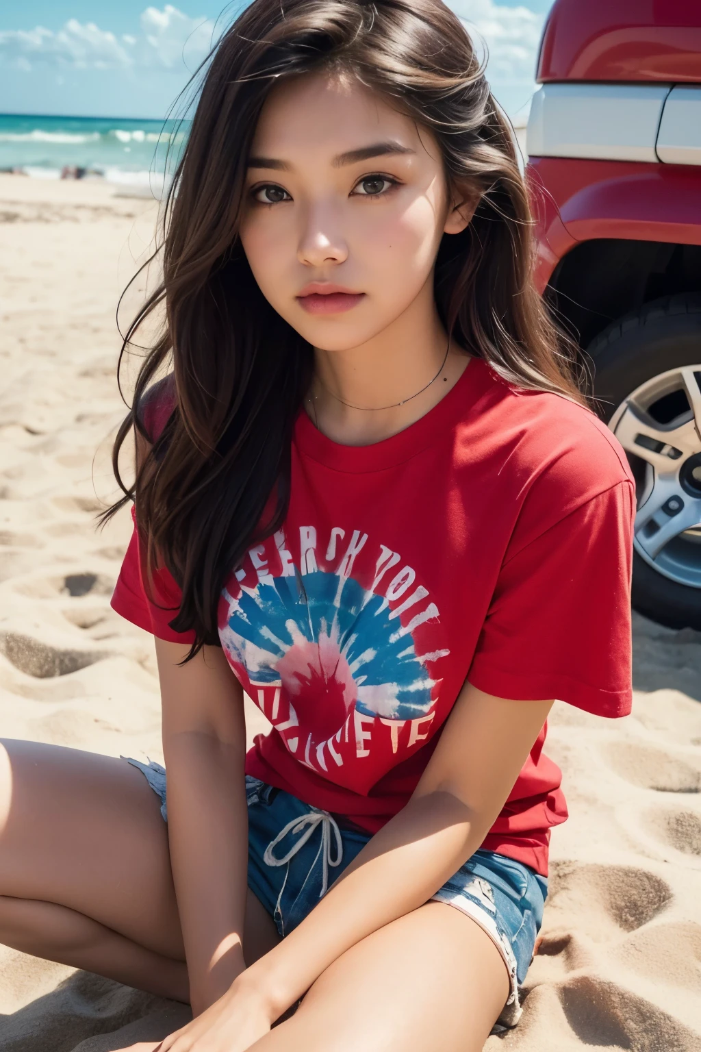 Close up of person sitting on ground near red truck, Graphic T-shirt, wearing shorts and t shirt, graphic printing, 70 seconds of mood, cute lady, tan skin, T-shirt and shorts, hippie fashion, Inspiration, 😭 🤮 💕 🎀, medium portrait, wearing a tie dye t-shirt, Posing on a beach with the sea