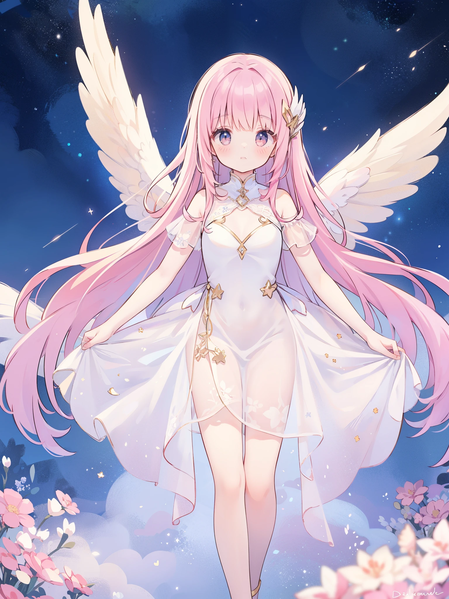 complex background, wishing star background, a woman wearing an ethereal mystical pink translucent dress that reflects the stars, dreamy, peaceful, serene composition, glowing stars, glowing, mystic, complex drawing, highly detailed, ethereal, starry night, midjourney style