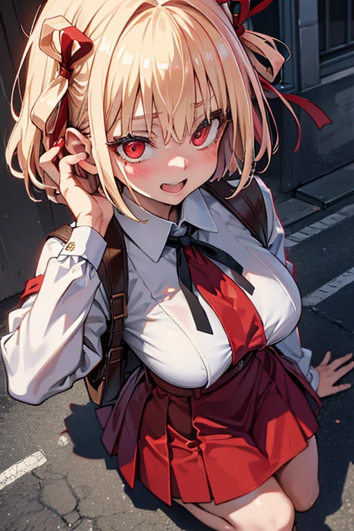 ((highest quality)), ((masterpiece)),(detailed),High resolution,Sharp focus,Perfect Face,{best illustration},(complete anatomy),
(非常にdetailed CG unity 8k wallpaper),(((Vibrant colors))),Official Art,((detailedなボディ)),(detailedな顔)),
cute,erotic,Bold,very shiny 肌,Shiny body,plastic glitter 肌,exaggerated shiny 肌,illuminated skin,
Big Breasts,glamorous,Tight waist,Long legs,curve,Cleavage,Bold,Revealing clothing,show 肌,
(Realistic eyes, Natural skin texture, Realistic facial details),
(Nishikigi Sensoku),short hair,bangs,Blonde,(Red Eye:1.5),ヘアribbon,One Side Up,Bobcut,White underwear,
shirt,Long sleeve,ribbon,白shirt,襟付きshirt,belt,
ネックribbon,Red dress,青いribbon,Pleated dress,Grey Dress,Two-tone dress,赤いbelt,Licorice Uniform, Shy laugh,Open your mouth, (from above), Daytime in the city, ((close up head)), clothes lift, squat,