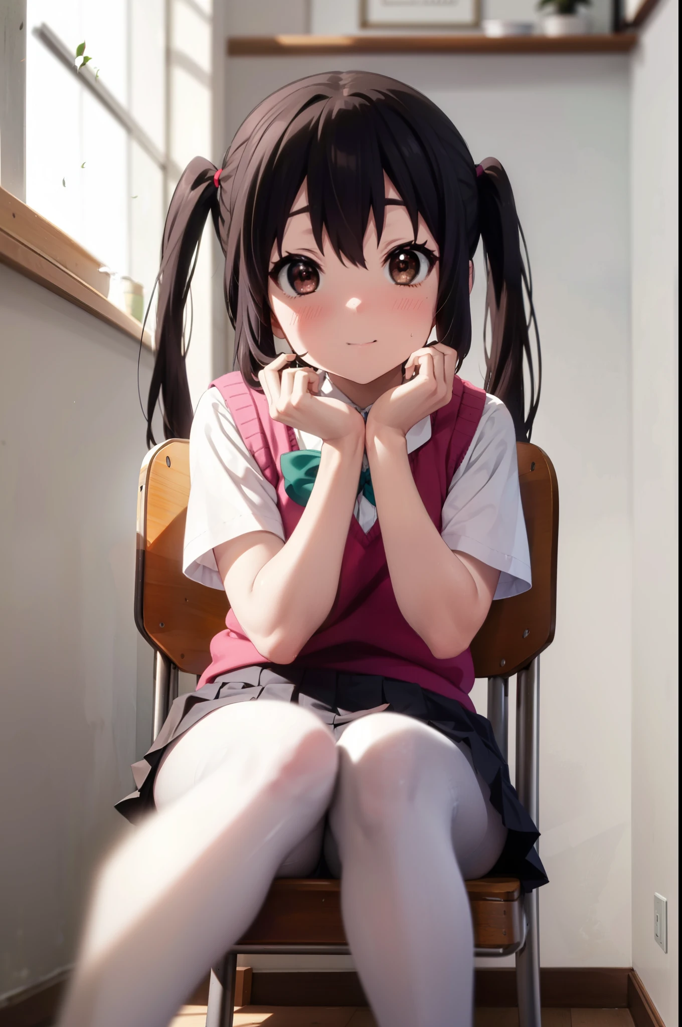 azusanakano, Azusa Nakano, Black Hair, (Brown eyes:1.5), Long Hair, Twin tails,smile,blush,break skirt, shirt, bow, ribbon, , white shirt, Short sleeve, Pleated skirt, collared shirt, mini skirt, bowtie, Black Loafers , Black Skirt, green ,bow ,red sweater vest:1.5),Sitting on a chair with legs crossed,There is food on the table,Black pantyhose,Brown loafers,whole bodyがイラストに入るように,
break indoors, classroom,
break looking at viewer, whole body,
break (masterpiece:1.2), highest quality, High resolution, unity 8k wallpaper, (figure:0.8), (Beautiful fine details:1.6), Highly detailed face, Perfect lighting, Highly detailed CG, (Perfect hands, Perfect Anatomy),