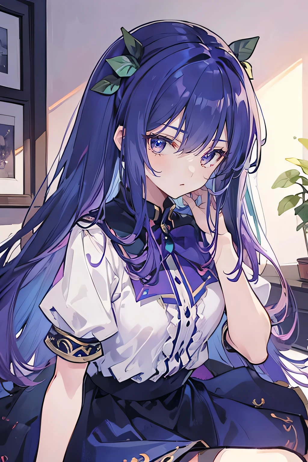 (Best Quality: 1.3), (Masterpiece: 1.3), (Illustration: 1.3), (Ultra Detailed: 1.3), (Imide Lens: 0.9), 1girl, Medium Breasts, Purple Eyes, ((Dark Blue Hair) ), hair accessories, young, clothing-gladiia, long hair, dark blue hair, indoors, black shorts, high socks, low ponytail, expressionless, upper body, close-up, coat, skirt,