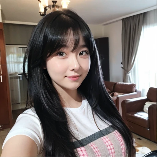 A 30-year-old woman with long black hair and a slightly chubby figure、Selfie taken at home