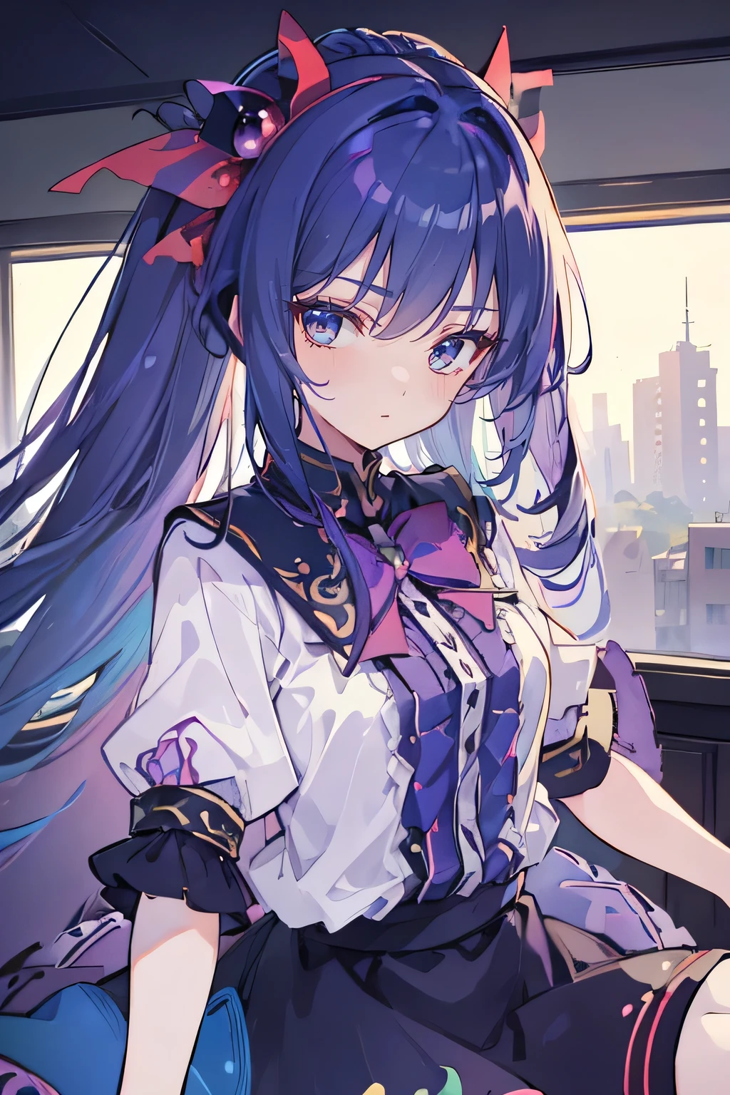 (Best Quality: 1.3), (Masterpiece: 1.3), (Illustration: 1.3), (Ultra Detailed: 1.3), (Imide Lens: 0.9), 1girl, Medium Breasts, Purple Eyes, ((Dark Blue Hair) ), hair accessories, young, clothing-gladiia, long hair, dark blue hair, indoors, black shorts, high socks, low ponytail, expressionless, upper body, close-up, coat, skirt,