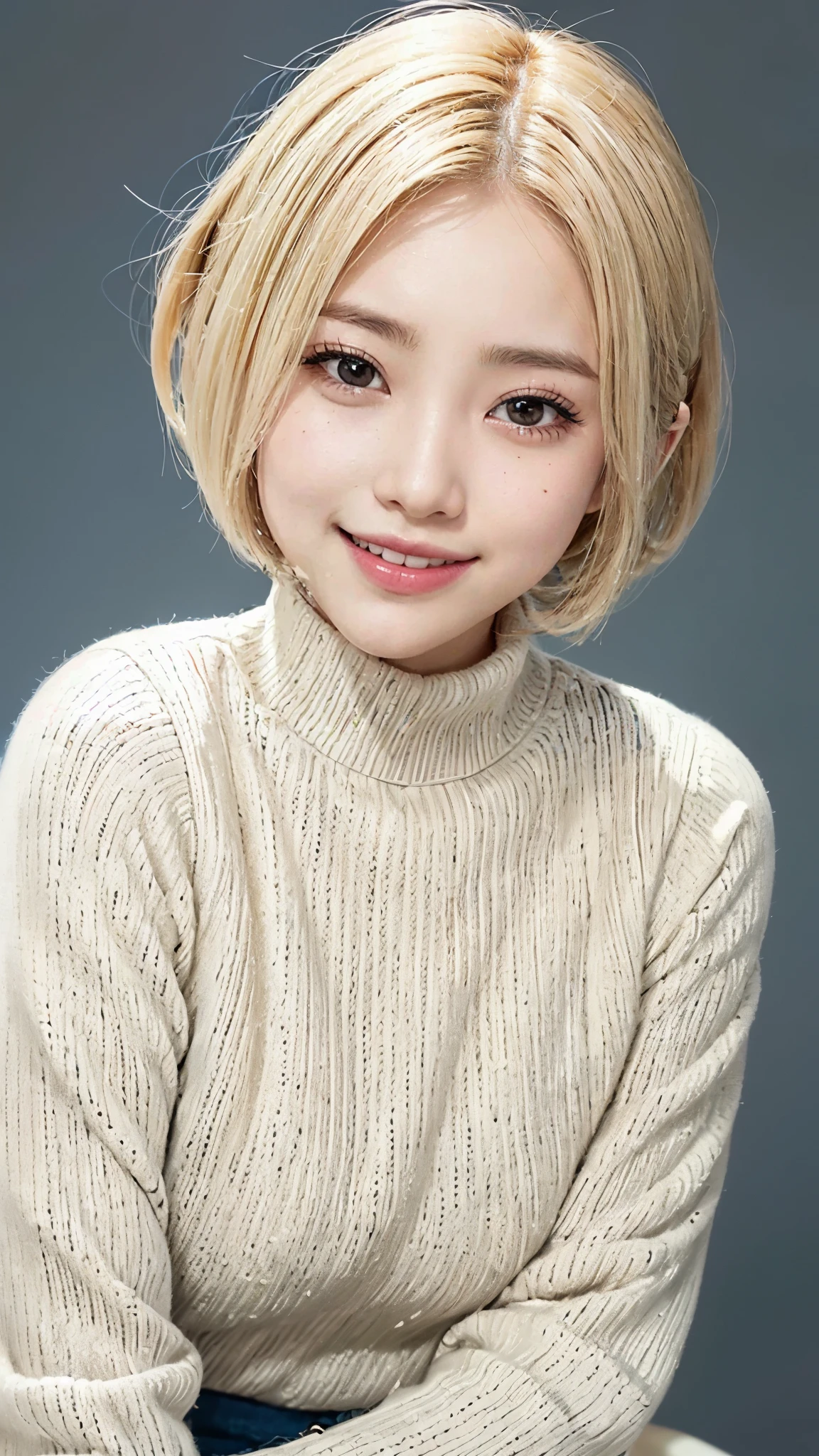 Genuine, masterpiece, highest quality, Photo of a woman smiling happily, Beautiful and detailed, Long, narrow eyes, Iris, Thin eyebrows, Delicate eyelashes, Long eyelashes, False eyelashes, (Hidden eyelid wrinkles:1.3), (Blonde Hair, short hair, middle part:1.3), Small teeth visible, Dark blue turtleneck sweater