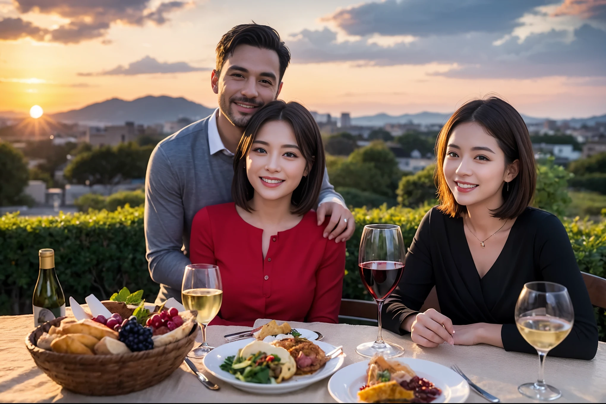 ((highest quality、8k、masterpiece:1.3))、 (Realistic, Real、Bright image、Intricate details:1.2), Best smile 1 man 1 woman、Beautiful couple、lover、couple、spouse、Beautiful couple、Happy smile、full-course dinner、 (Slim face), (Slim Body), (Brown Hair), (Short Hair), テーブルの上のwine glass、Please put light on my face、 Amazing view of the sunset sky and clouds、 (Age 44), 39 years old, red wine 、Appetizers、Wine bottle、sparkling wine、Long sleeve shirt、dress、White wine, red wine, wine glass,