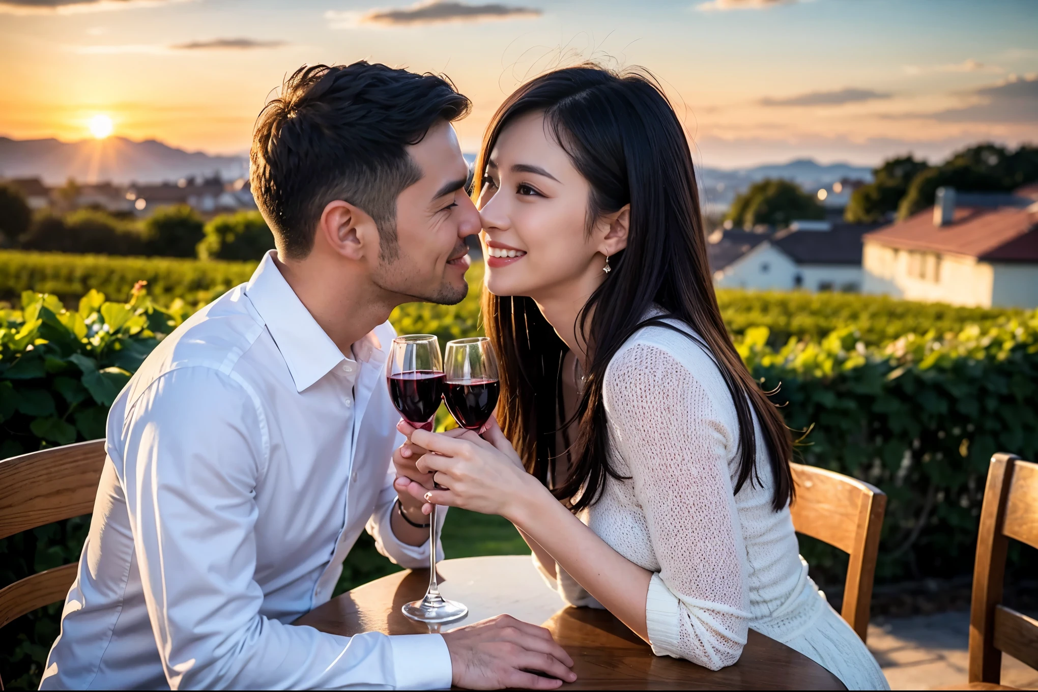 ((highest quality、8k、masterpiece:1.3))、 (Realistic, Real、Bright image、Intricate details:1.2), Best smile 1 man 1 woman、Beautiful couple、lover、couple、spouse、Beautiful couple、Happy smile、full-course dinner、 (Slim face), (Slim Body), (Brown Hair), (Short Hair), テーブルの上のwine glass、Please put light on my face、 Amazing view of the sunset sky and clouds、 (Age 44), 39 years old, red wine 、Appetizers、Wine bottle、sparkling wine、Long sleeve shirt、dress、White wine, red wine, wine glass,