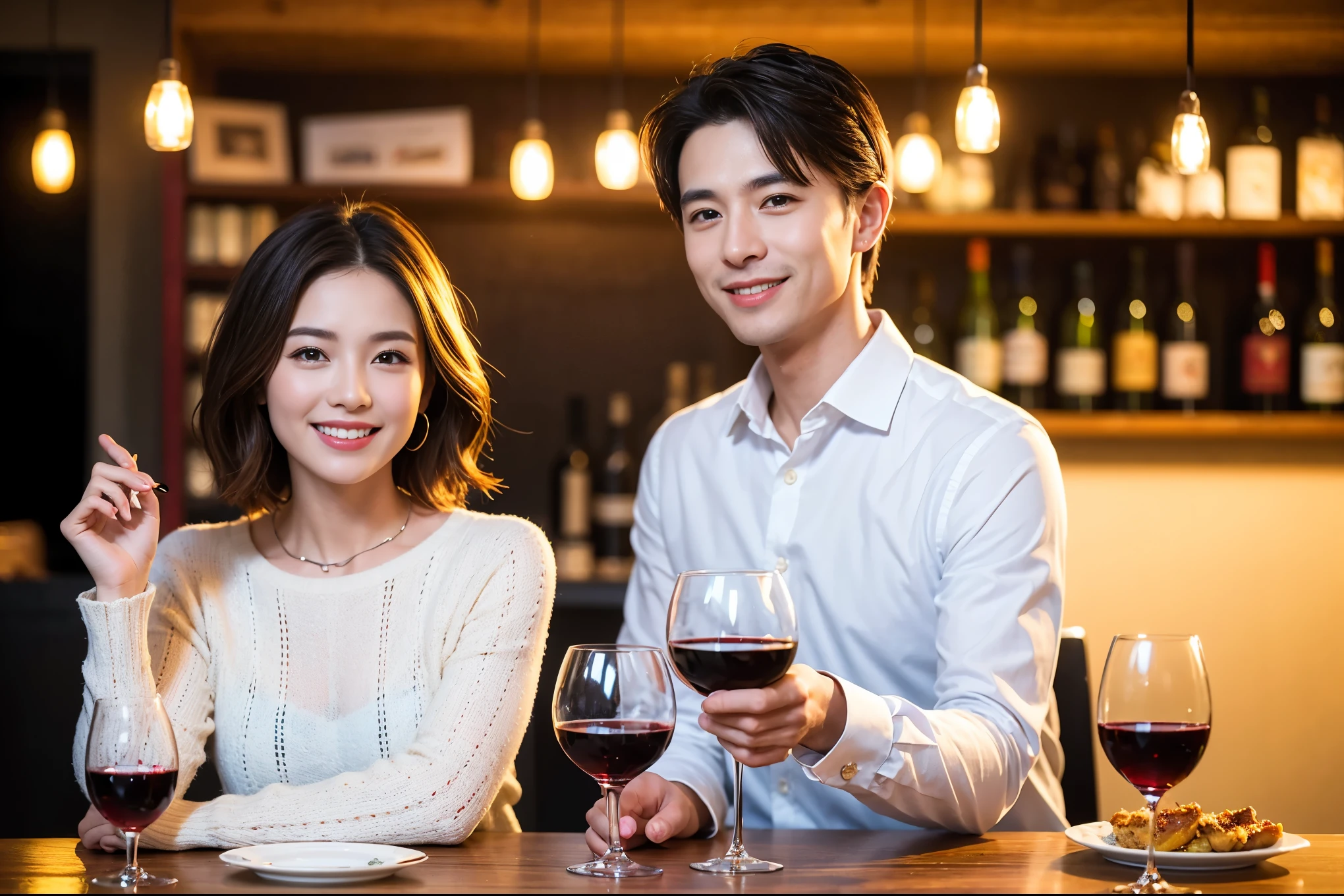 ((highest quality、8k、masterpiece:1.3))、 (Realistic, Real、Bright image、Intricate details:1.2), Best smile 1 man 1 woman、Beautiful couple、lover、couple、spouse、Beautiful couple、Happy smile、full-course dinner、 (Slim face), (Slim Body), (Brown Hair), (Short Hair), テーブルの上のwine glass、Please put light on my face、 Amazing view of the sunset sky and clouds、 (Age 44), 39 years old, red wine 、Appetizers、Wine bottle、sparkling wine、Long sleeve shirt、dress、White wine, red wine, wine glass,