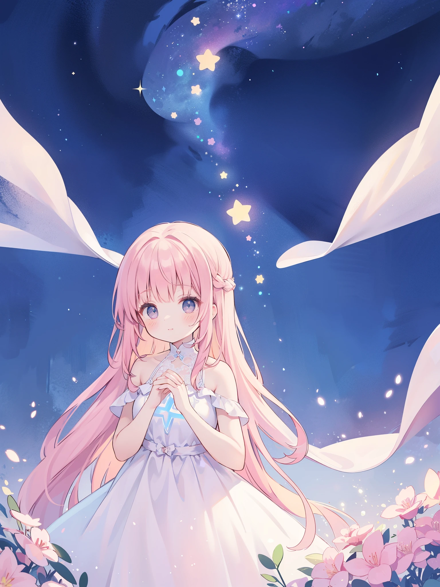 complex background, wishing star background, a woman wearing an ethereal mystical pink translucent dress that reflects the stars, dreamy, peaceful, serene composition, glowing stars, glowing, mystic, complex drawing, highly detailed, ethereal, starry night, midjourney style
