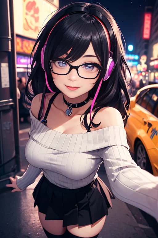 ((best quality)), ((masterpiece)), ((detailed eyes and face)), POV view from above taking a selfie with one arms, perfect face, female, gamer girl, aqua eyes, cherry-red lips, light smile, long black hair, purple streaked hair, purple highlights, wearing headphones, bangs with purple highlights, choker, nerdy glasses, white off-shoulder sweater, long sleeves, black skirt, thigh-highs, big breasts, nighttime, neon lights in the background, colorful lights