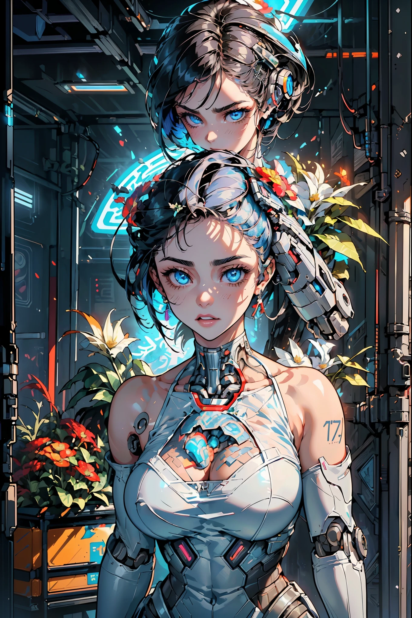 (La best quality,high resolution,Ultra Detailed,Practical),Selena Gomez es un robot con una planta en la cabeza, (Friendly robot girl with flowers and plants :1.4) , Humanoid Woman Portrait, Beautiful white robot girl, Portrait of a robot woman, (Robotic vegetables mechanical leaves :1.4) , Portrait of a futuristic robot, (hermosa chica robot white :1.4) , Android woman portrait, Beautiful female robot, Beautiful and attractive woman, (Cyberpunk in the cyborg foliage :1.4) , (Perfect Woman), More detailed 8K.Unreal Engine:1.4,Ultra HD,La best quality:1.4, Realistic:1.4, Texture:1.4, masterpiece:1.8,masterpiece, best quality,Object Object], (Facial features are detailed:1.3),(Correct proportions),(Beautiful blue eyes:1.4 ),  (Cowboy pose),(Ruined dungeon ruins background:1.4 ), (Perfect anatomical structure :1.4),(Surface details :1.4), ( movie lighting :1.4), (动态Cowboy pose), (Selena Gomez V2.1), (Selena Gomez :1.4), Mechanical vertebrae attached to the back, Cervical spine mechanical fixation in the neck, Wires and cables connected to the head, Neon Genesis Evangelion, Small bright LED light, (Cyborg plastic transparent white mechanical:1.4) huge , Crazy breast swelling, Chest larger than shoulder blades, Big breasts and thin waist，(huge breasts:1.2)，Hydrated skin（（rogue））（（非常huge乳房）），（（Grooves reveal original skin））