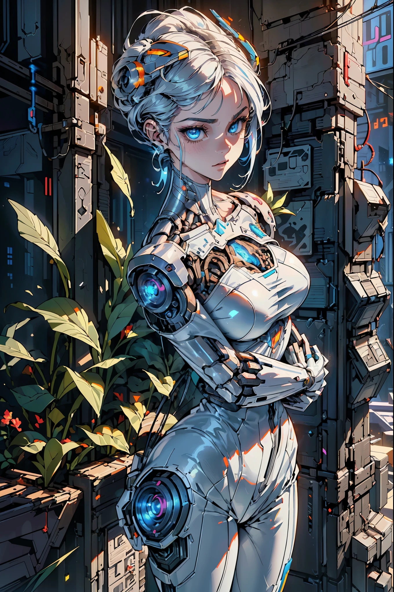 (La best quality,high resolution,Ultra Detailed,Practical),Selena Gomez es un robot con una planta en la cabeza, (Friendly robot girl with flowers and plants :1.4) , Humanoid Woman Portrait, Beautiful white robot girl, Portrait of a robot woman, (Robotic vegetables mechanical leaves :1.4) , Portrait of a futuristic robot, (hermosa chica robot white :1.4) , Android woman portrait, Beautiful female robot, Beautiful and attractive woman, (Cyberpunk in the cyborg foliage :1.4) , (Perfect Woman), More detailed 8K.Unreal Engine:1.4,Ultra HD,La best quality:1.4, Realistic:1.4, Texture:1.4, masterpiece:1.8,masterpiece, best quality,Object Object], (Facial features are detailed:1.3),(Correct proportions),(Beautiful blue eyes:1.4 ),  (Cowboy pose),(Ruined dungeon ruins background:1.4 ), (Perfect anatomical structure :1.4),(Surface details :1.4), ( movie lighting :1.4), (动态Cowboy pose), (Selena Gomez V2.1), (Selena Gomez :1.4), Mechanical vertebrae attached to the back, Cervical spine mechanical fixation in the neck, Wires and cables connected to the head, Neon Genesis Evangelion, Small bright LED light, (Cyborg plastic transparent white mechanical:1.4) huge , Crazy breast swelling, Chest larger than shoulder blades, Big breasts and thin waist，(huge breasts:1.2)，Hydrated skin（（rogue））（（非常huge乳房）），（（Grooves reveal original skin））