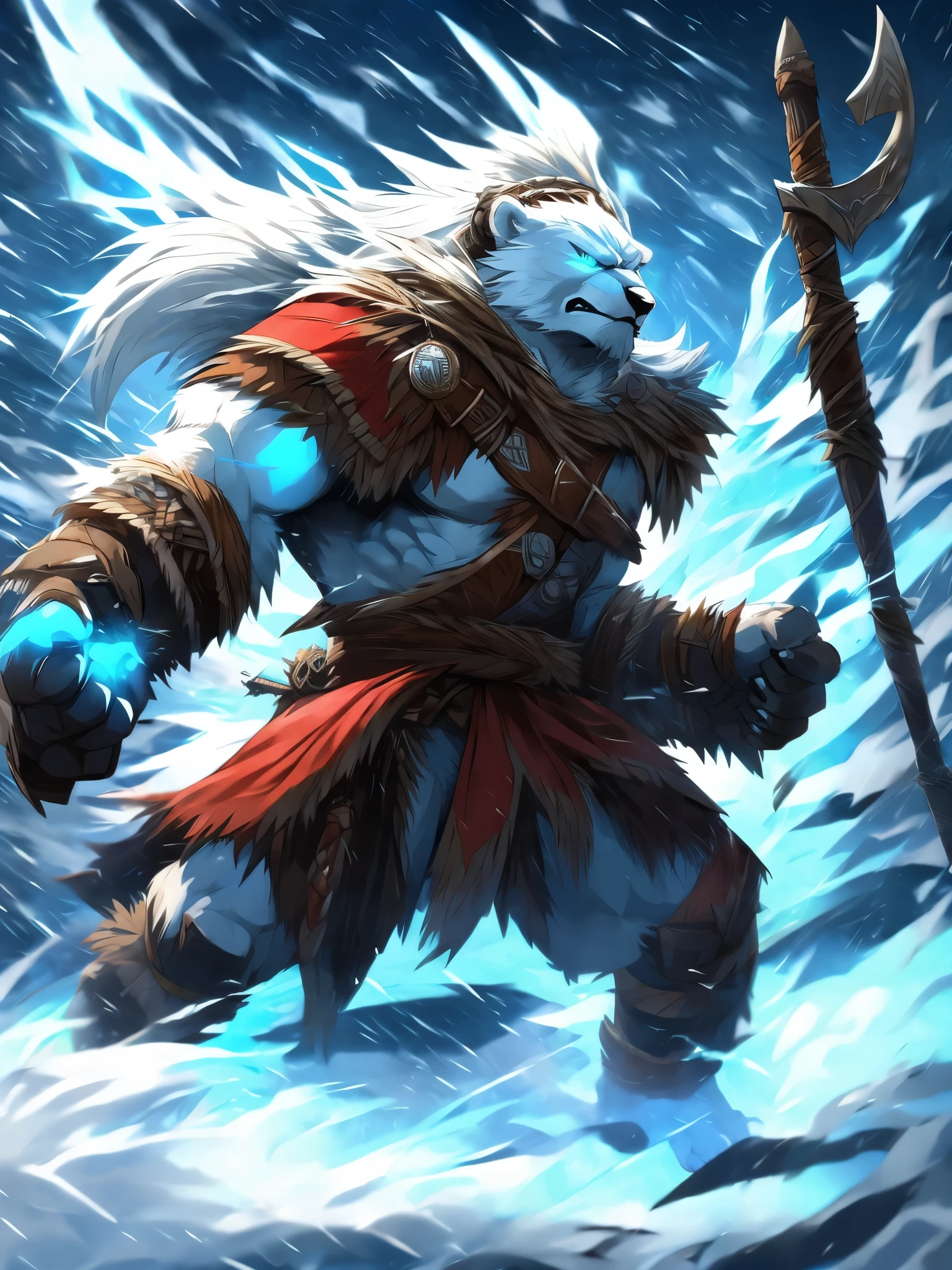 male, polar bear, solo, viking god, barbarian armor, fur cape, muscular, glowing blue eyes, angry, sharp teeth, arctic, blizzard, action pose