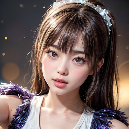 NSFW, 8k, High-level, absurd, masterpiece, best quality, primitive, very detailed CG, very detailed wallpaper, perfect lighting, Extremely detailed (((The personifying " LA Lakers Cheerleaders " as a ))), MysticSight, Tyndall effect, Tyndall scattering, Studio gray background with (many Dazzling RainbowColor particles BokeH:1.28), (RoundlyButts, ThighGap), (Exposed:0.4), (Assfocus with looking ahead), BREAK (NOGIZAKA face variations) Extremely Detailed very KAWAII face variations, perfect anatomy, Childish, captivating gaze, elaborate detailed Eyes with (sparkling highlights:1.28), long eyelashes、Glossy RED Lips with beautiful details, Coquettish tongue, Rosy cheeks, Radiant PearlSkin with clear transparency . { (Dynamic LifeLike expressions:1.4) | :d) }, (large eyes:-1) .