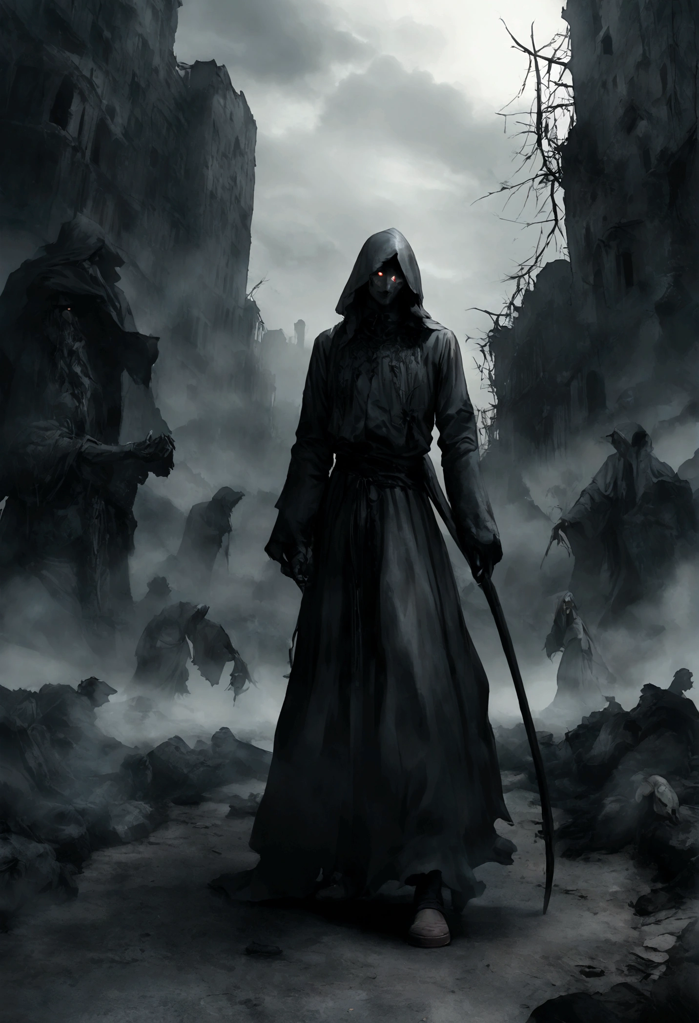 An undead cowboy with a split jaw and empty eye sockets, gloomy atmosphere, rot, realistic style, 8k, exposure blend, medium shot, bokeh, (hdr:1.4), high contrast, (cinematic), (muted colors, dim colors, soothing tones:1.3), (hyperdetailed:1.2), symetrical, octane render, 35mm, bokeh, (intricate details:1.15), (1man, old male:1.2), frail, brown eyes, gray hair, high-fade, Style-GravityMagic, solo, (full body:0.6), looking away, detailed background, detailed face, (WitchcraftPunkAI theme:1.1) otherworldly glowing eyes, soul reaper, white dynamic pose, reaper, decay, floating particles, shadows, graveyard in background, rats in background, fog, dark clouds, moonlit night, eerie dark atmosphere, full body