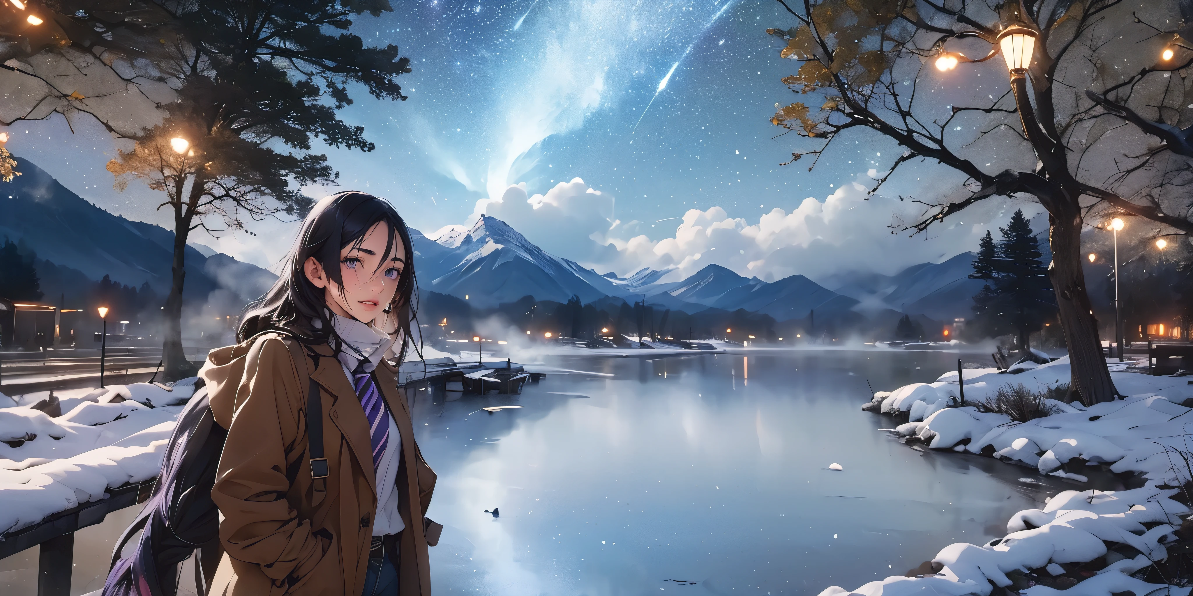 (dark-puprle hair, long hair:1.6), purple eyes, sky, solo, night, night_sky, star_(sky), starry_sky, 1girl, outdoors, coat, fog, steaming body, cloud, tree, jacket, mountain, winter, bare_tree, necktie, standing, shirt, long_sleeves, brown_coat, brown_jacket, breath, scenery, mountainous_horizon, cloudy_sky, open_clothes, open_coat, bokeh, spotlight, milky way, 