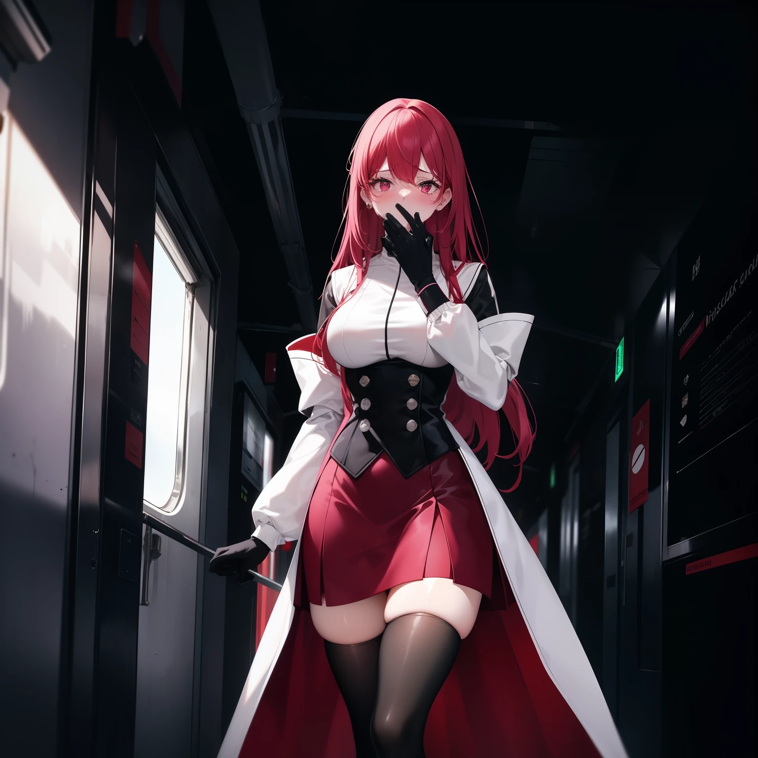 1 tall woman. Very Tall. white turtle-neck. magenta skirt. black stockings. shy. embarrassed. Blushing. Sweating. black sclera around the eyes. open jacket. gloves. Covering mouth with hand. looking up. Standing in train-station. Long burgundy colored hair.