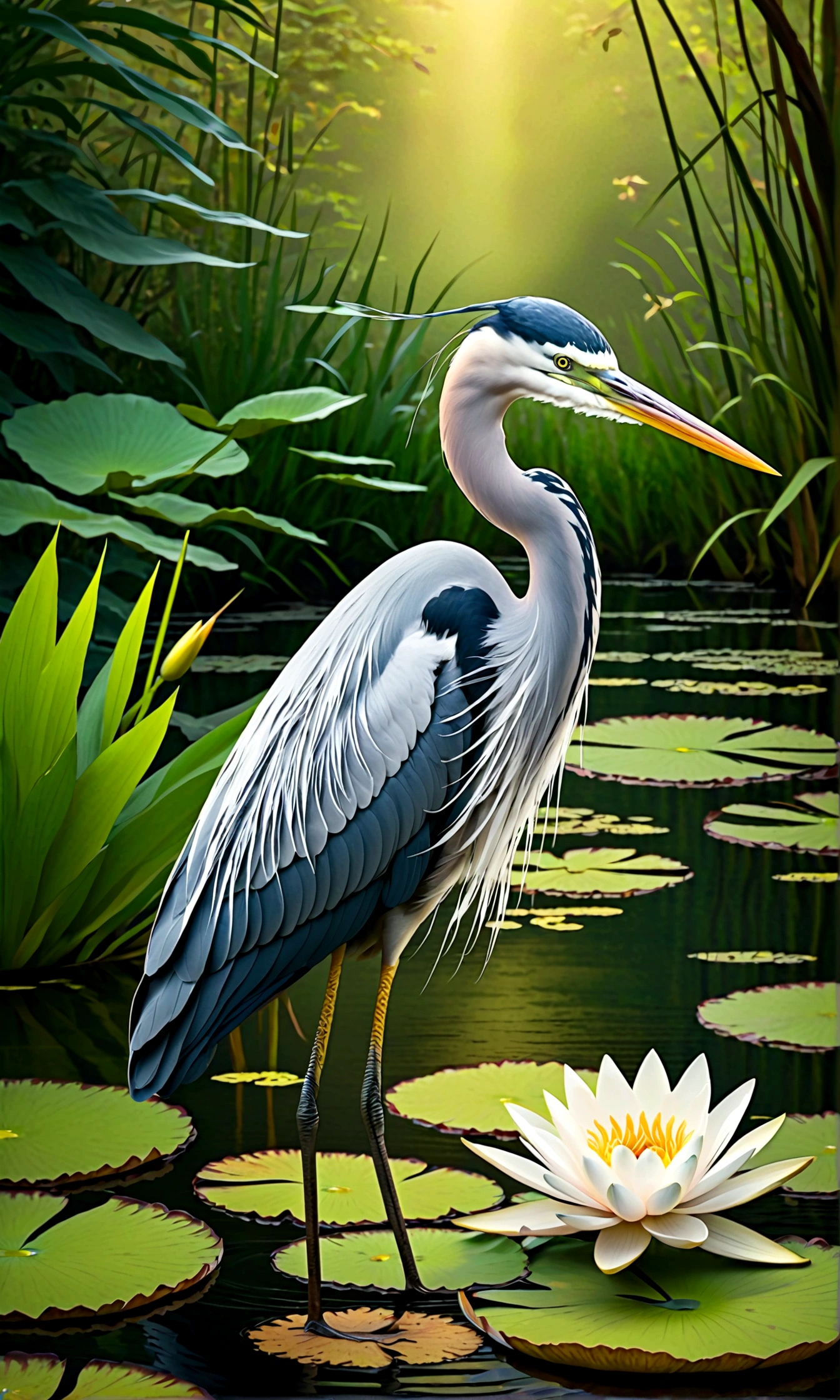 As a coloring book, black and white colors and borders should be simple, clear, distinct, and thick lines.
By Cartoon style of [heron], [sharp beak, slender legs, flowing feathers], [serene riverbank], [water lilies]
