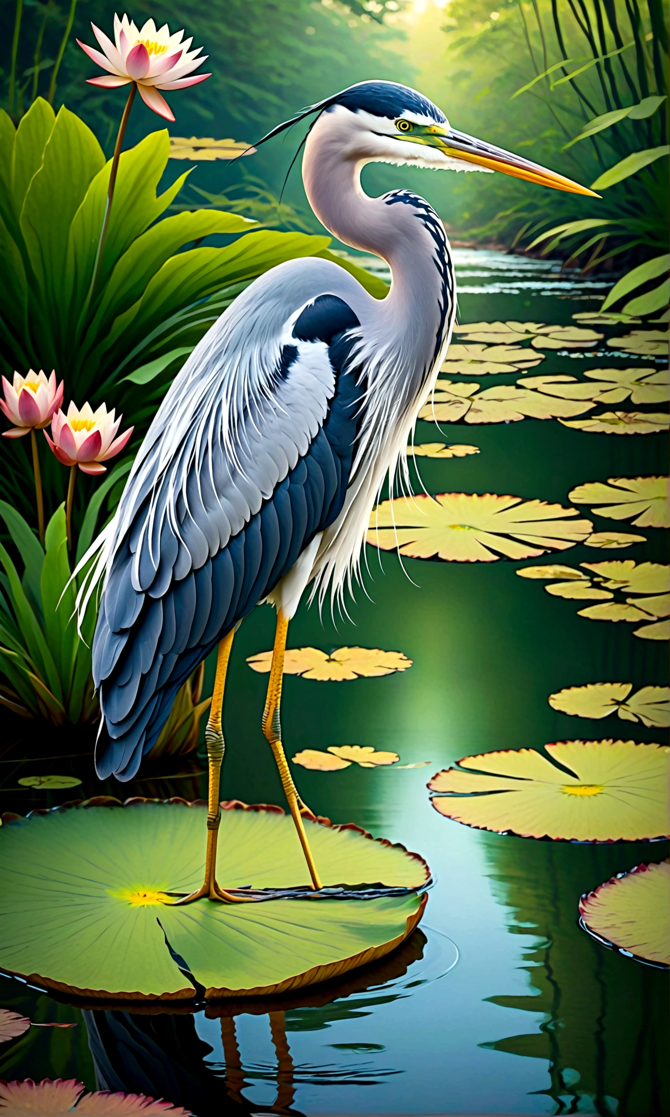 As a coloring book, black and white colors and borders should be simple, clear, distinct, and thick lines.
By Cartoon style of [heron], [sharp beak, slender legs, flowing feathers], [serene riverbank], [water lilies]
