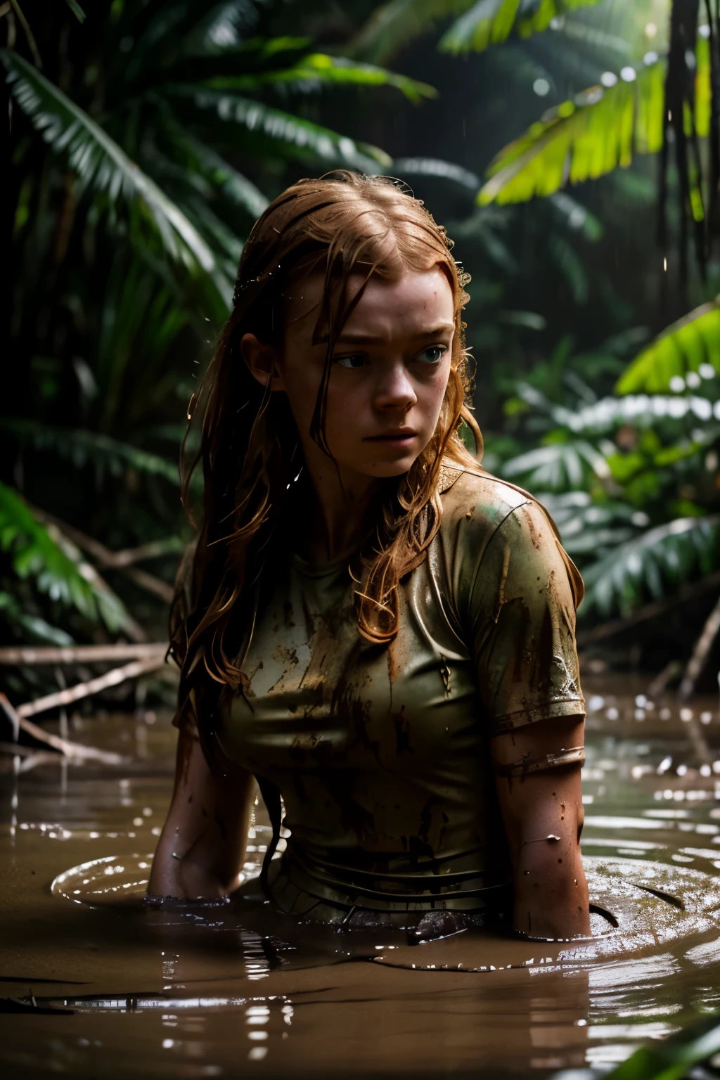 hot cleverage serious scared Sadie sink in water in torn up ruined clothes in background of fantastic jungle and muddy ground, clear white skin, wet and muddy, scratches everywhere, face dirty photography, natural light, photorealism, cinematic rendering, ray tracing, the highest quality, the highest detail, Cinematic, Third-Person View, Blur Effect, Long Exposure, 8K, Ultra-HD, Natural Lighting, Moody Lighting, Cinematic Lighting
