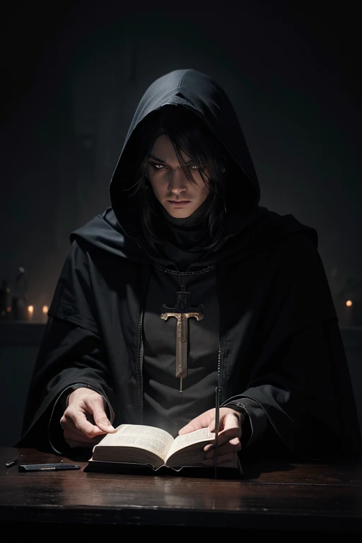 a hooded man on a battlefield holding a bible, detailed face, beautiful eyes, long eyelashes, demons fallen around him, dramatic lighting, cinematic, epic scale, highly detailed, 8k, concept art, digital painting, chiaroscuro, moody, dark, somber