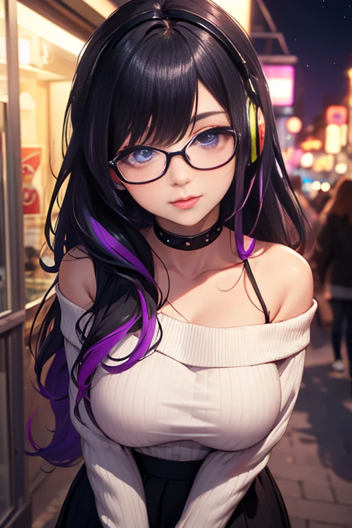 ((best quality)), ((masterpiece)), ((detailed eyes and face)), POV view from above taking a selfie with both arms, perfect face, female, gamer girl, aqua eyes, cherry-red lips, light smile, long black hair, purple streaked hair, purple highlights, wearing headphones, bangs with purple highlights, choker, nerdy glasses, white off-shoulder sweater, long sleeves, black skirt, big breasts, nighttime, neon lights in the background, colorful lights