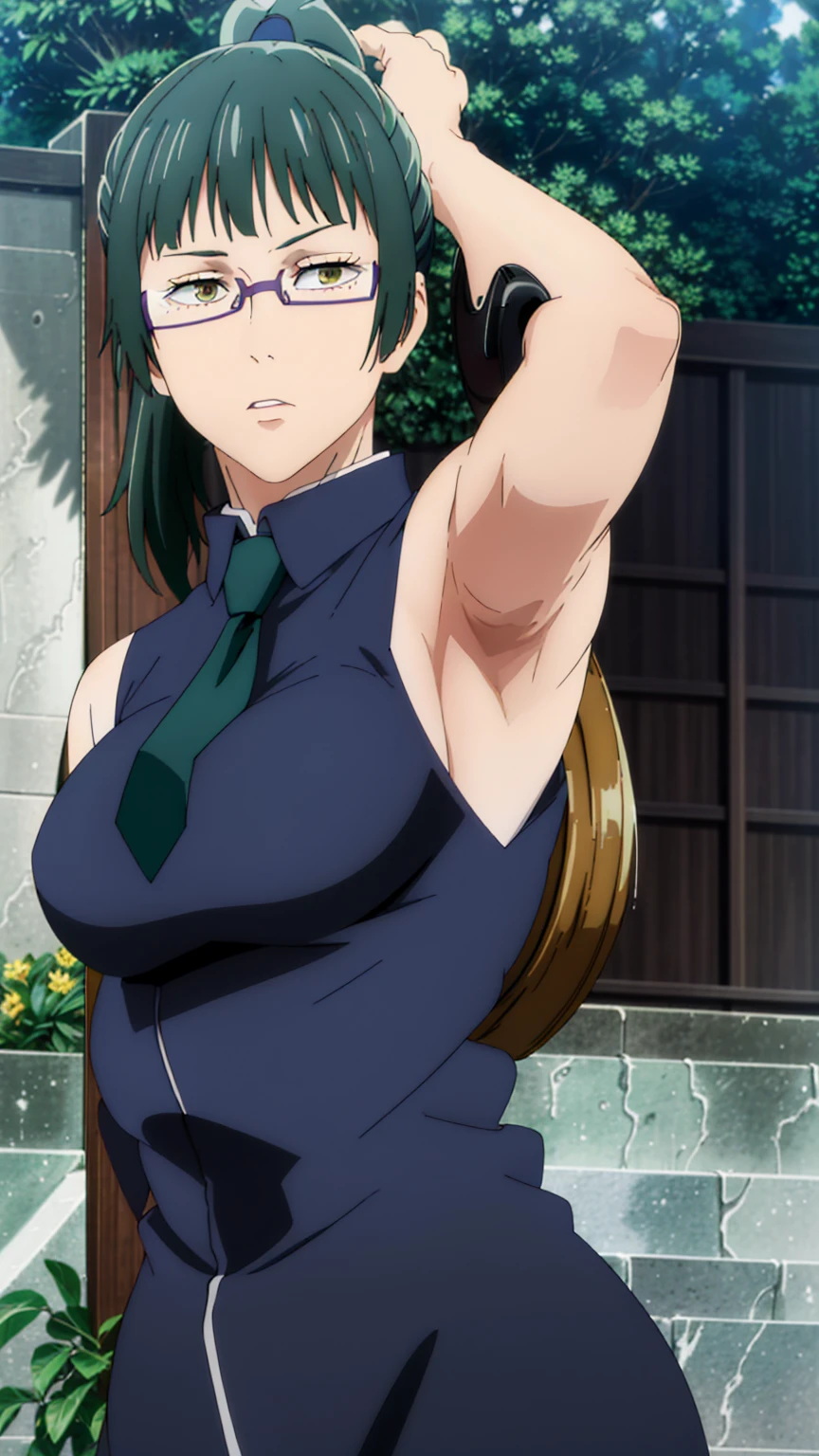 (best quality:1.5, highres, UHD, 4K, detailed eyes, detailed lighting, detailed hair, shaders), dark green hair, ponytail, bangs,cool woman, cool girl, sharp eyes, yellow eyes, beautiful, large breasts, formal suit, sleeveless, necktie, glasses, armpits, detailed armpits