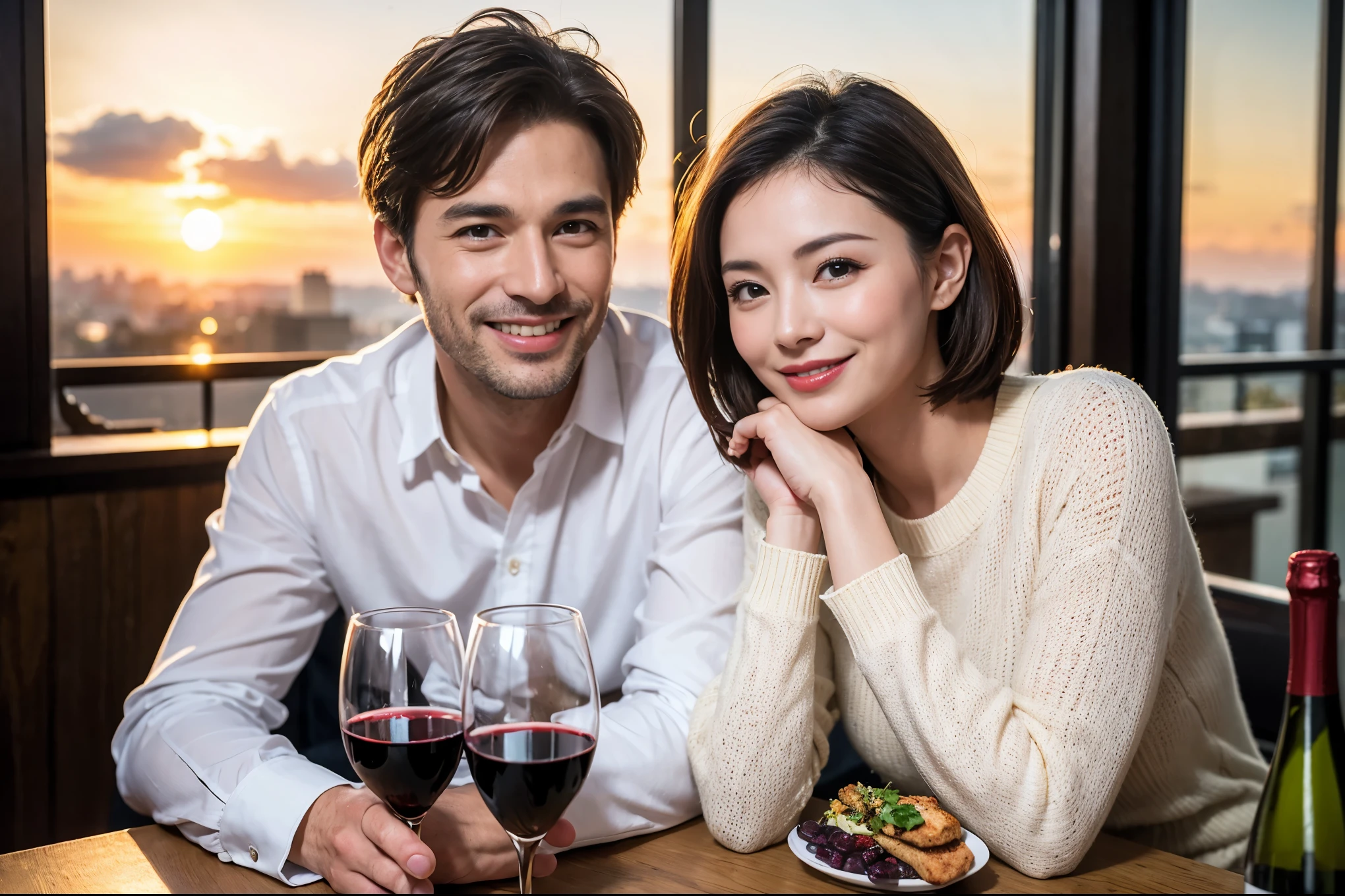 ((highest quality、8k、masterpiece:1.3))、 (Realistic, Real、Bright image、Intricate details:1.2), Best smile 1 man 1 woman、Beautiful couple、lover、couple、spouse、Beautiful couple、Happy smile、full-course dinner、 (Slim face), (Slim Body), (Brown Hair), (Short Hair), テーブルの上のwine glass、Please put light on my face、 Amazing view of the sunset sky and clouds、 (Age 36), 39 years old, red wine 、Appetizers、Wine bottle、sparkling wine、Long sleeve shirt、dress、White wine, red wine, wine glass,