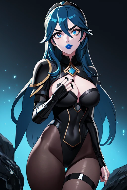 masterpiece, best quality, 1girl, solo, Lucina \(fire emblem\), short blue hair with black highlights, blue eyes, detailed eyes, detailed pupils, marked eyelashes, mascara, shiny black lipstick, bold eyebrows, black eyeshadow, detailed hair, cleavage, large breasts, pale skin, gothic appearance, standing, darkmage, bodystocking, mature female, wide hips, black painted nails, both hands glowing bright blue, blue magic, bright blue sparks in both hands, fantasy, fortress, darkness, dark, night, night sky, moon