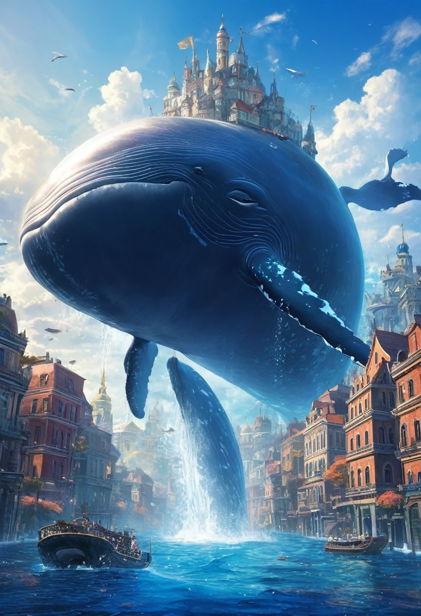 (masterpiece), (highest quality),Fantasy art，A city on the back of a giant whale swimming in the ocean